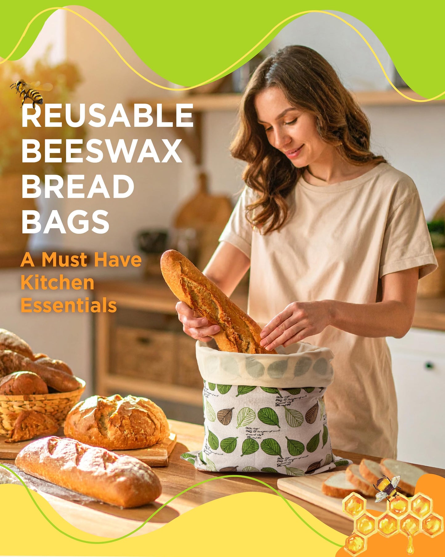 Beeswax Bread Bag for Homemade Bread, Sourdough Bread Bags with Zipper, 2 Pack XL 13"x17" Natural Beeswax Lined Cotton Bread Storage Bags, Freezer Safe, Keep Fresh