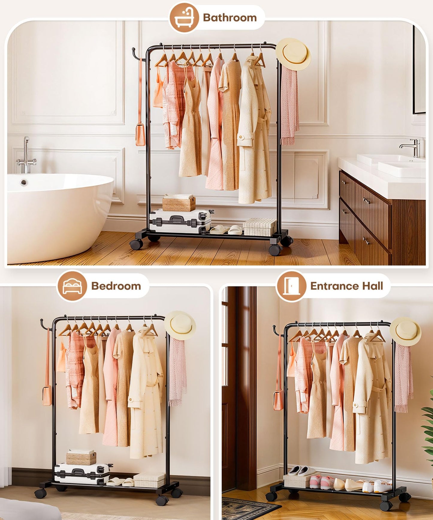 Homde Rolling Clothes Rack with Hooks: Standing Garment Storage for Indoor - Hanging Rod for Bedroom Laundry Room - Coat Dress Organizer on Wheels with luggage shelf (Black, 31.5")