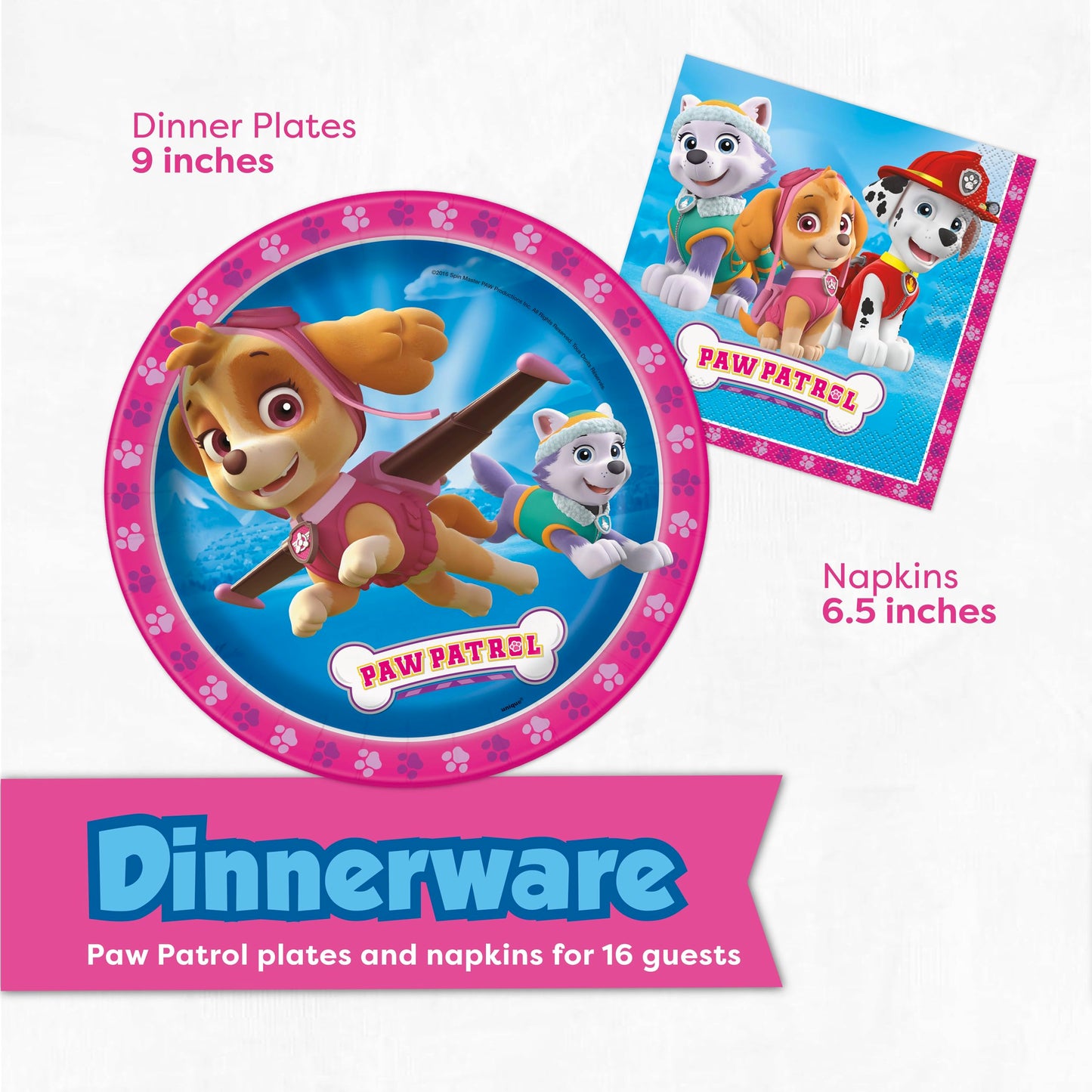 Skye Paw Patrol Birthday Decorations | Serves 16 | Pink Banner, Tablecloth, Plates and Napkins, Character Masks, Sticker | Paw Patrol Party Decorations for Girls