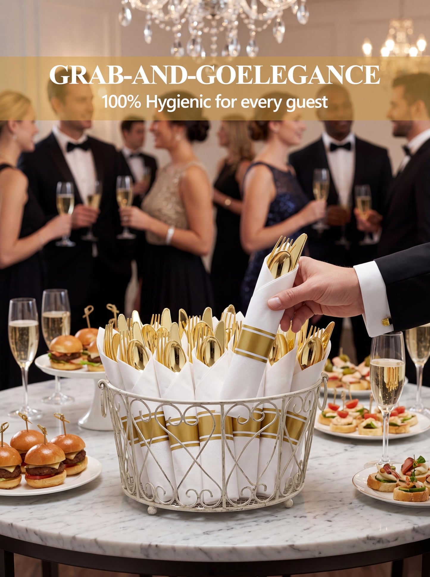 Supernal 240 Pcs Pre Rolled Napkins with Gold Plastic Silverware - 60 Sets Elegant Disposable Wrapped Cutlery: Heavy Duty Gold Forks, Knives, Spoons for Weddings, Parties, & Catering Events