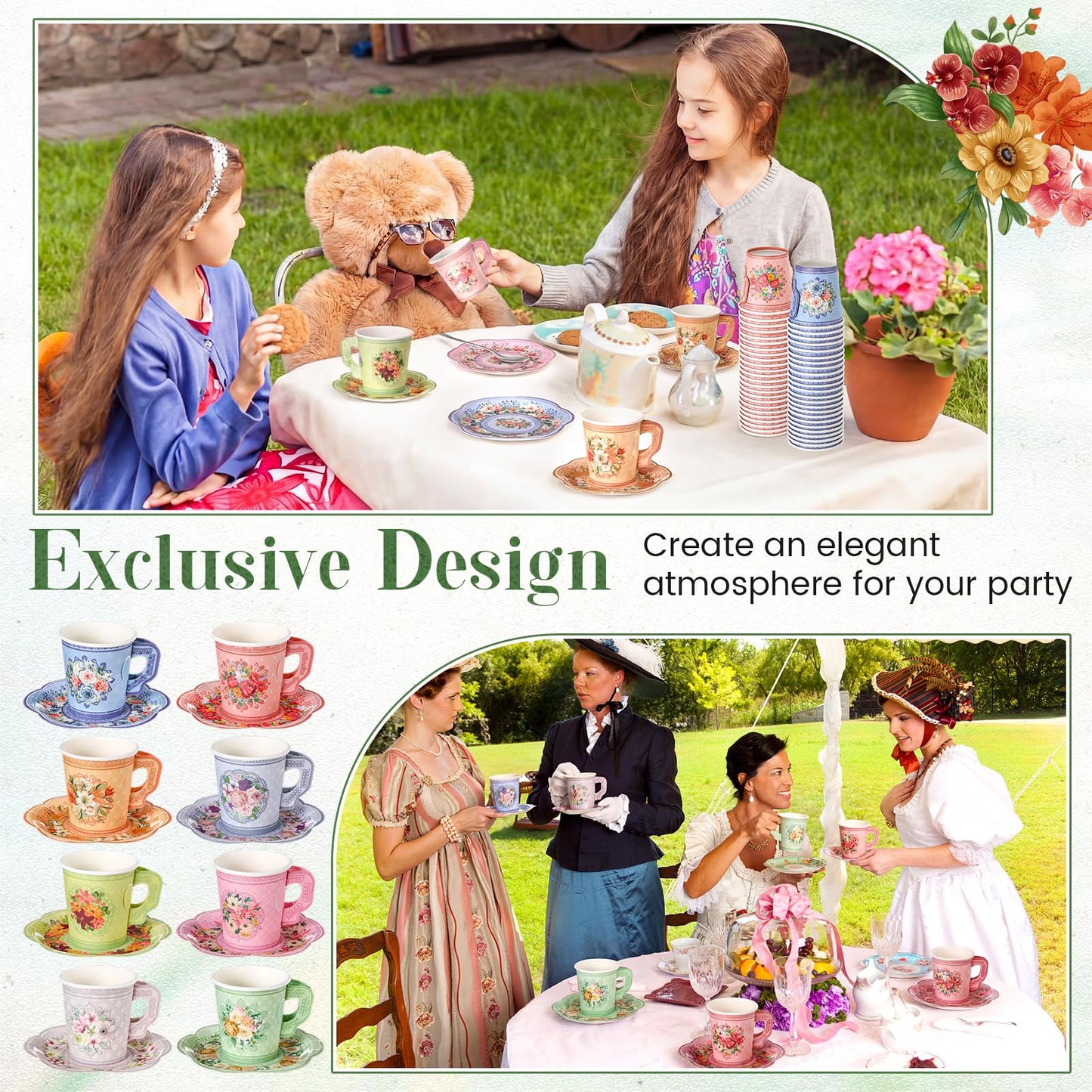 Nuogo 400 Pcs Floral Paper Tea Cups and Saucers Disposable Tea Party Supplies, 200 Sets 7 oz Vintage Teacups with Handles and Plates for Wedding Birthday Baby Shower Bridal Garden Summer Party