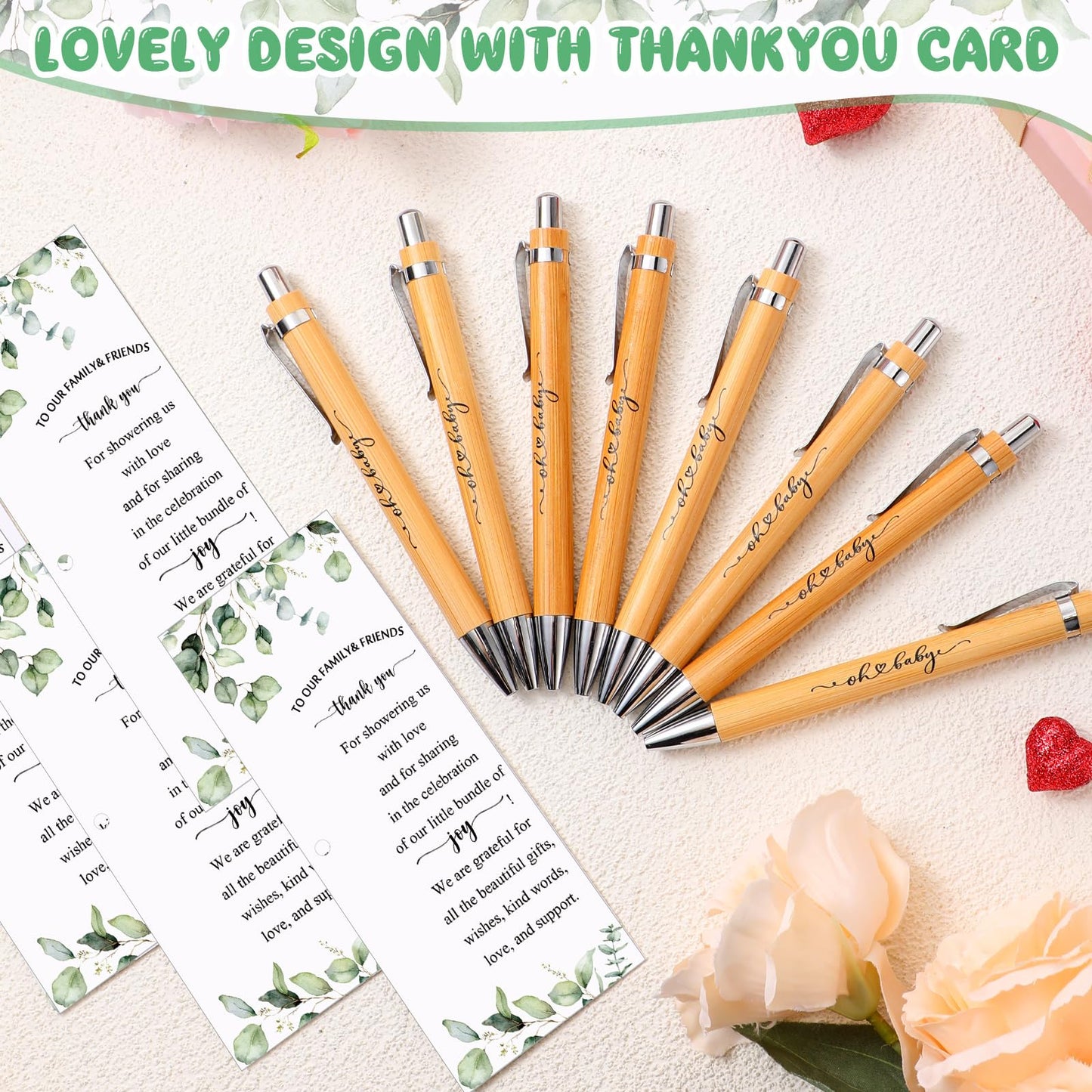 Yeaqee 100 Sets Greenery Baby Shower Pen Gifts for Guest Greenery Woodland Baby Shower Favors Retractable Pens Bamboo Pens Gender Reveal Greeting Cards Souvenirs Prizes