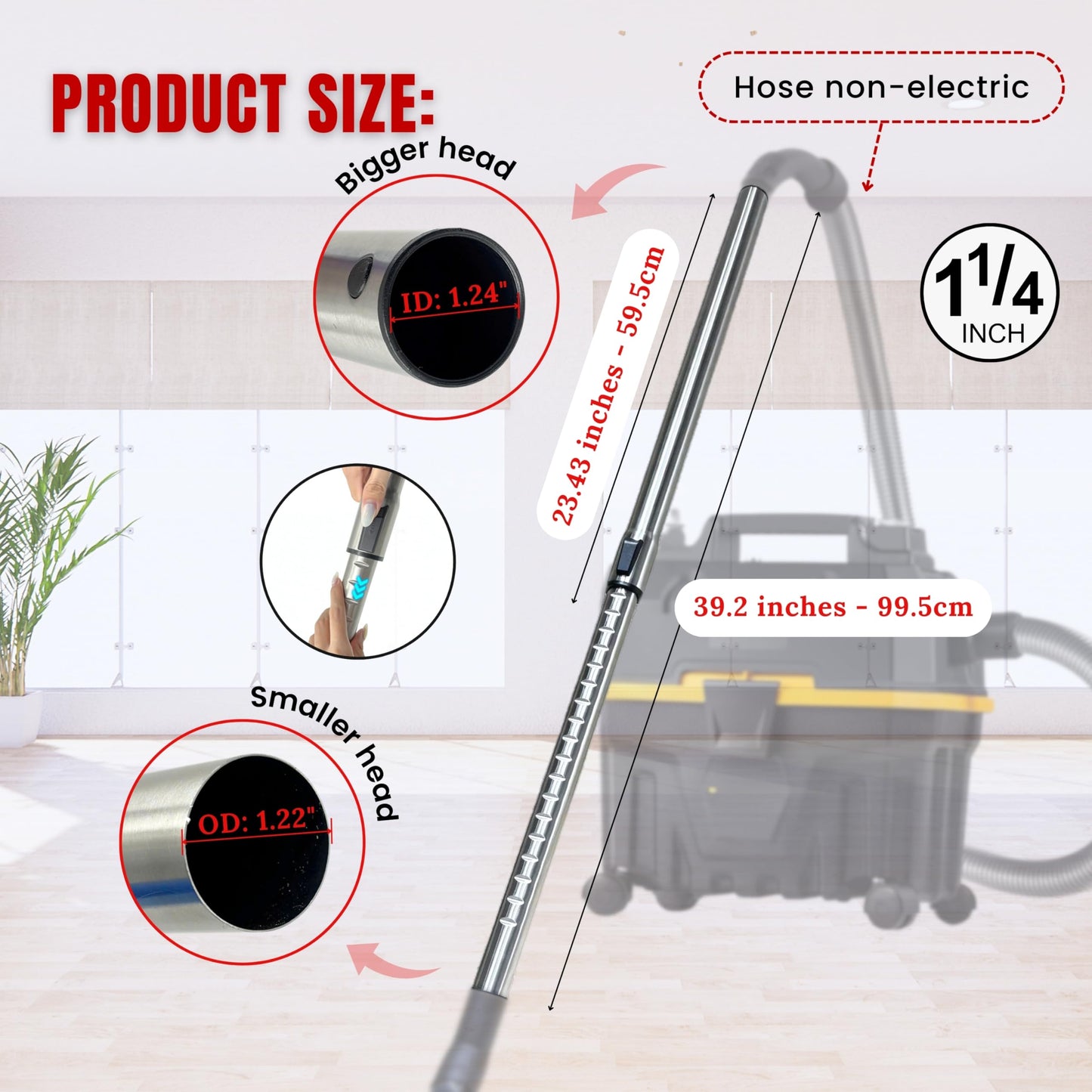 1.25 Inch Stainless Steel Vacuum Extension Wand Compatible with Vacuums using 1 1/4 Inch (1.25in) 32mm Accessories - 1 1/4 Vacuum Extension Tube for Shop Vac (Stainless Steel Extension Wand)