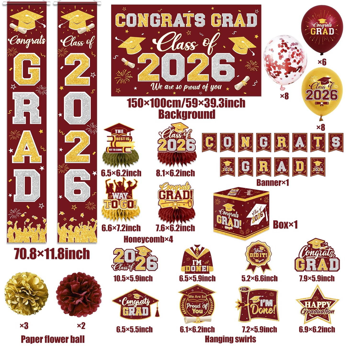 Graduation Decorations Class of 2026 Maroon and Gold Graduation Decorations with Congrats Grad Banner,Backdrop,Porch Sign,Balloons,Hanging Swirls,Honeycomb Centerpieces,Box for Graduation Party Decor