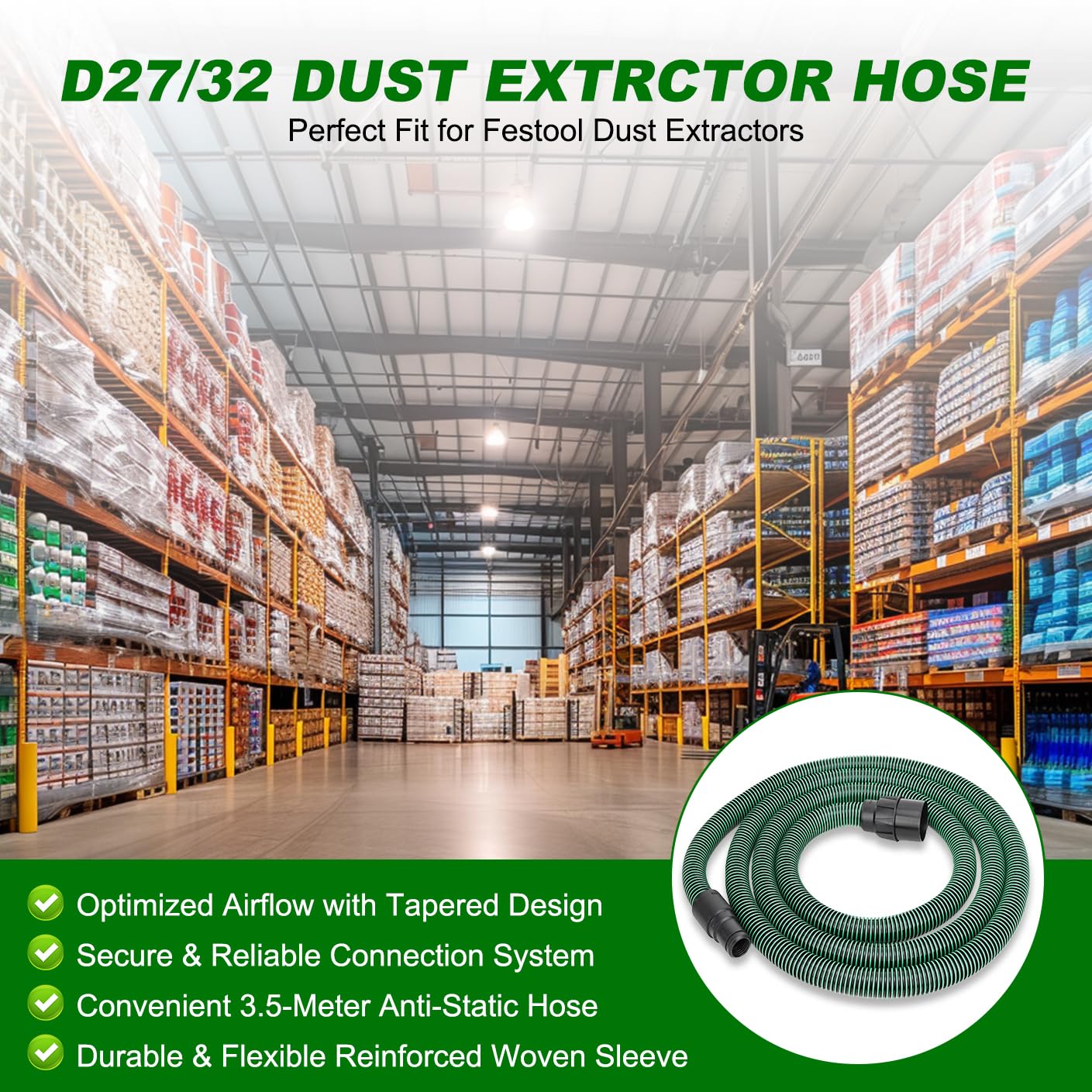 3.5M (11.5FT) Dust Extractor Hose for Festool Vacuum Suction Hose D27/32x3,5m, Compatible with Festool CT 26/36/48 CT 15/25 CT MINI and CT MIDI from 2019 onwards, Heavy-Duty Flexible