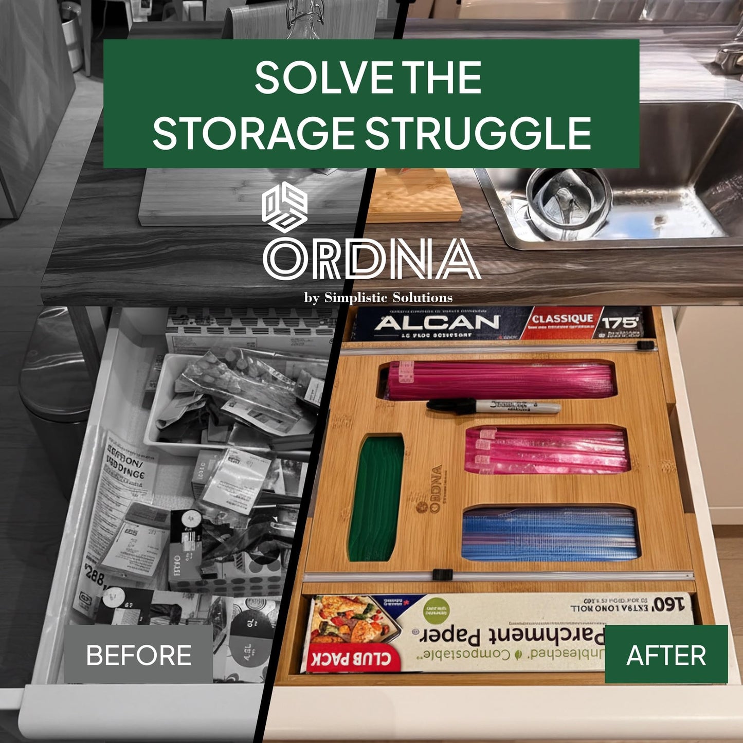 Ordna 6 IN 1 Bamboo Baggie Organizer for Drawer with Labels, Expandable Storage Bag Organizer with Aluminum Foil and Saran Wrap Cutter Compatible with Quart, Gallon, Sandwich and Snack Size Bags