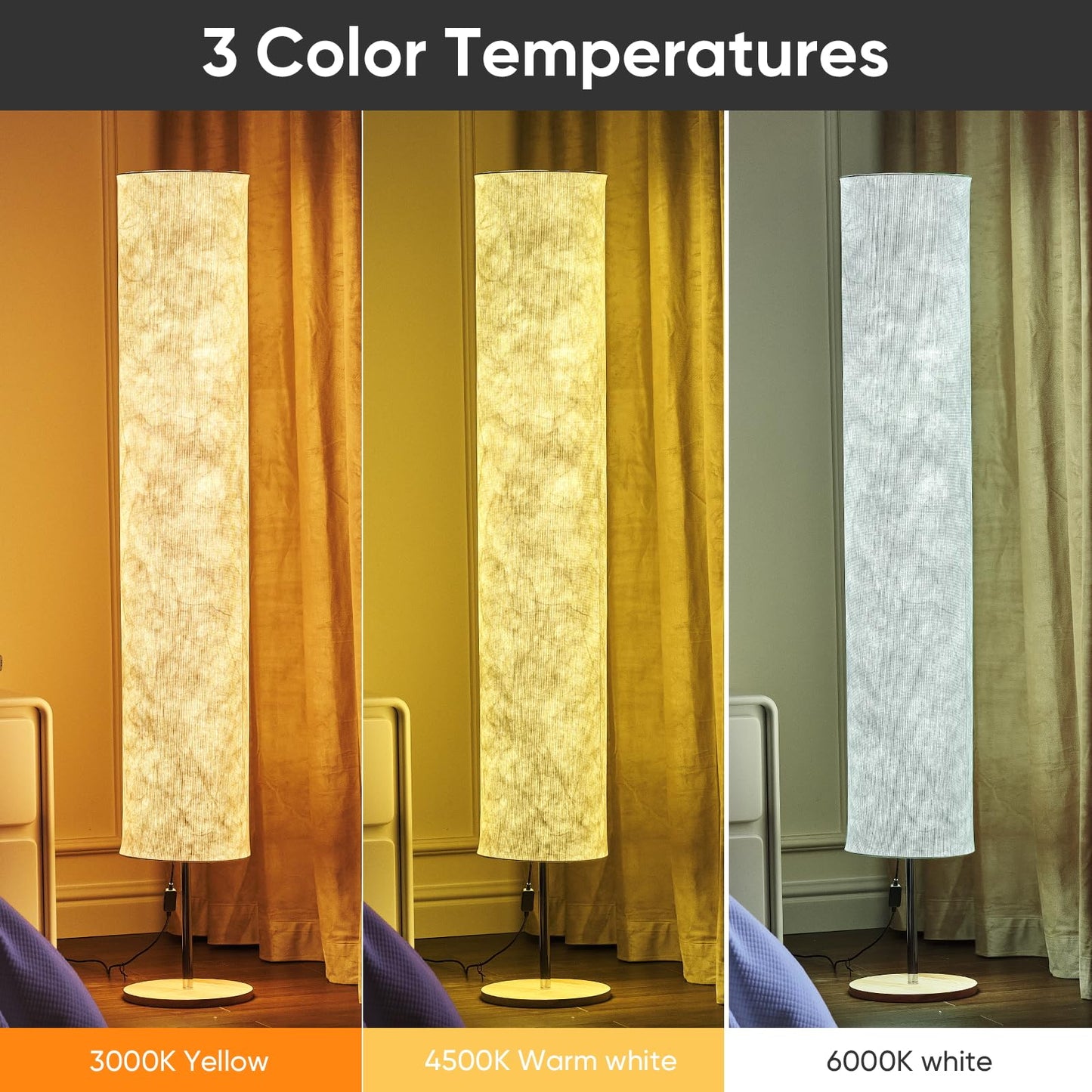 LONRISWAY 58" Soft Light Floor Lamp 3 Color Lighting Remote Control LED lamp with Tyvek Fabric Shade Column Paper Floor lamp,Brightness Adjustable for Living Room Bedroom Game Room