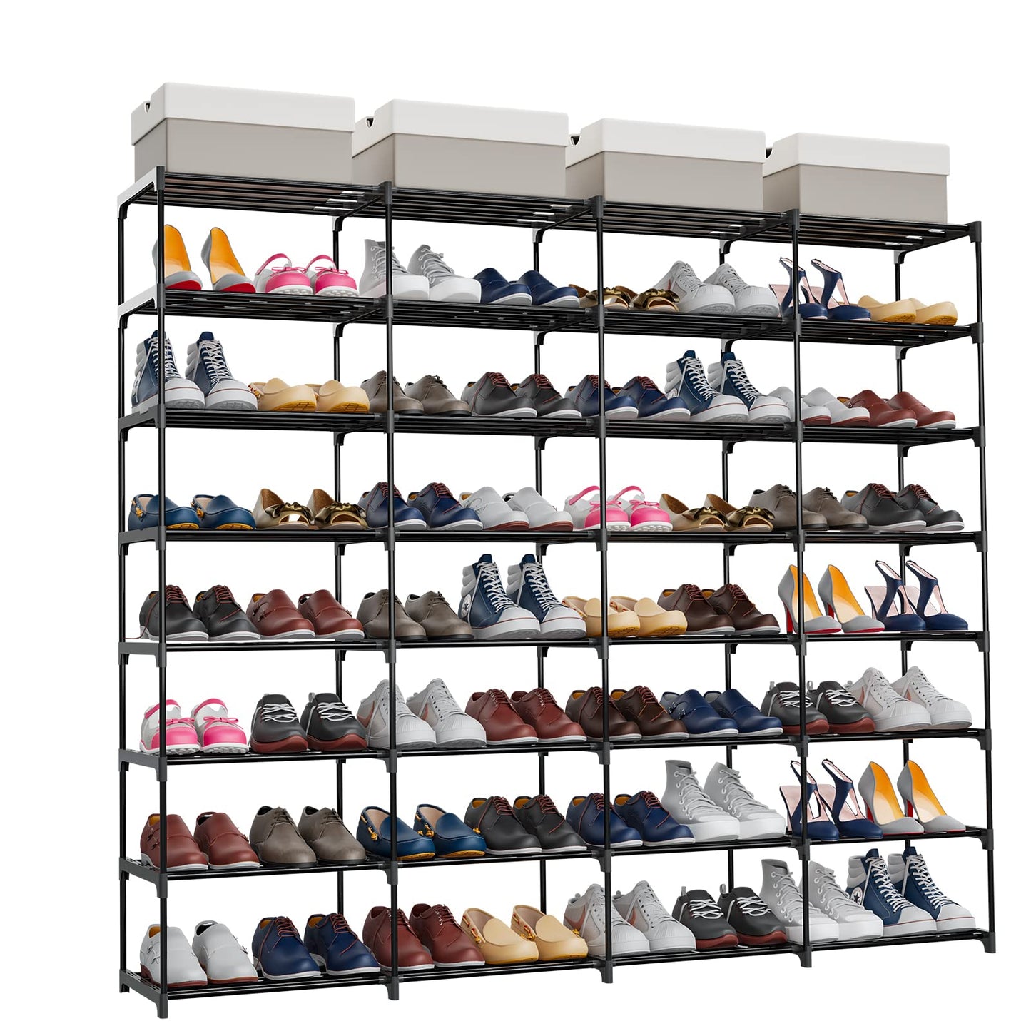 SMILHELTD Large Shoe Rack 4 Row 8 Tier for Entryway Holds 64 Pairs, Metal & Plastic Shelves, DIY Assembly, Space Saving Storage Unit for Garage Closet, 66.1" W x 49.2" H