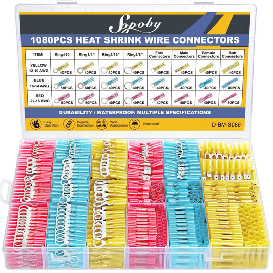 1080PCS Heat Shrink Wire Connectors, Sopoby Marine Grade Electrical Connectors Kit of Tinned Red Copper, Waterproof Crimp Insulated Ring Fork Spade Butt Splice AWG 22-10