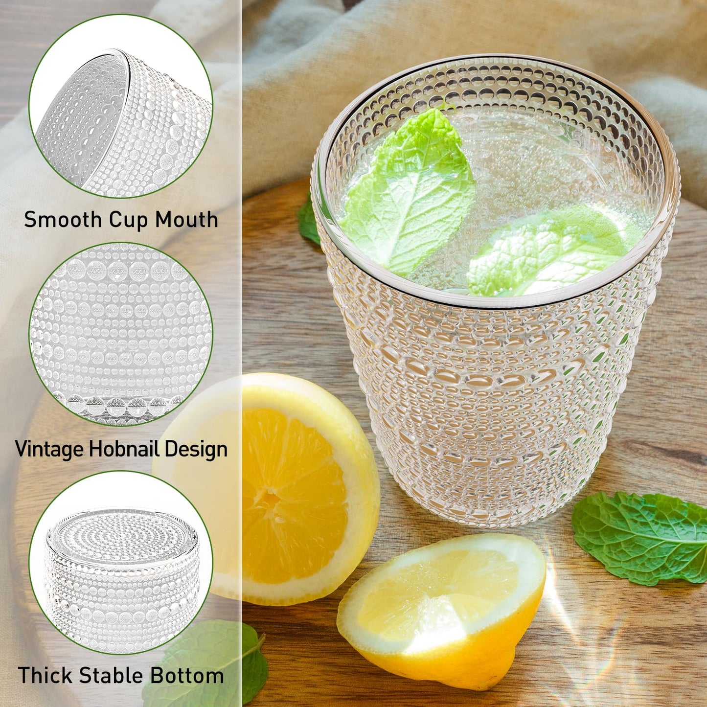 Vintage Hobnail Drinking Glasses Set of 12, 12 oz Highball Glasses & 10 oz Cocktail Glasses, Embossed Glass Cups, Clear Water Glasses Kitchen Bar Glassware Set for Beer, Juice, Cocktail, Whiskey