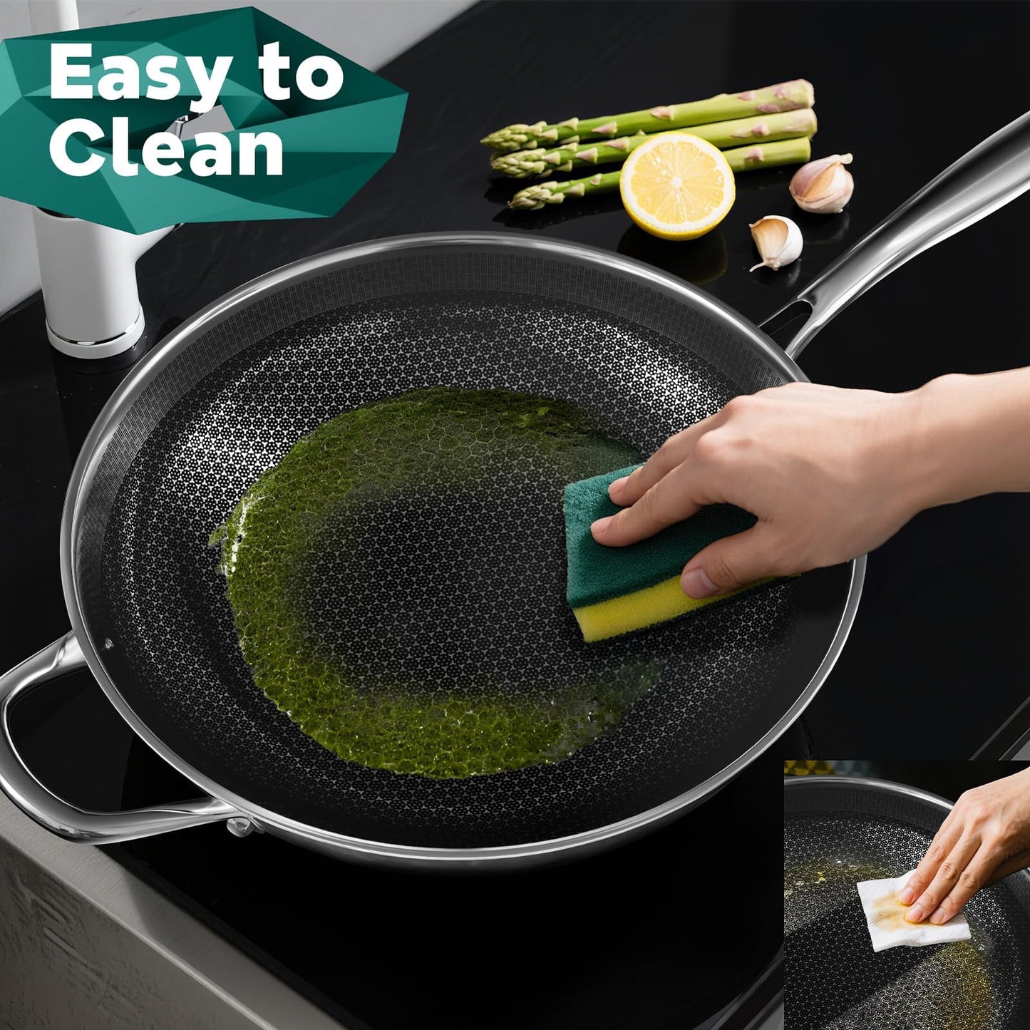 Wok Pan, 13-Inch Stainless Steel Woks & Stir-Fry Pans Nonstick, Wok Pan with Lid for Induction, Hybrid，Electric, Gas, Halogen, All Stoves, Professional PFOA Free Cookware, Dishwasher & Fast Heat