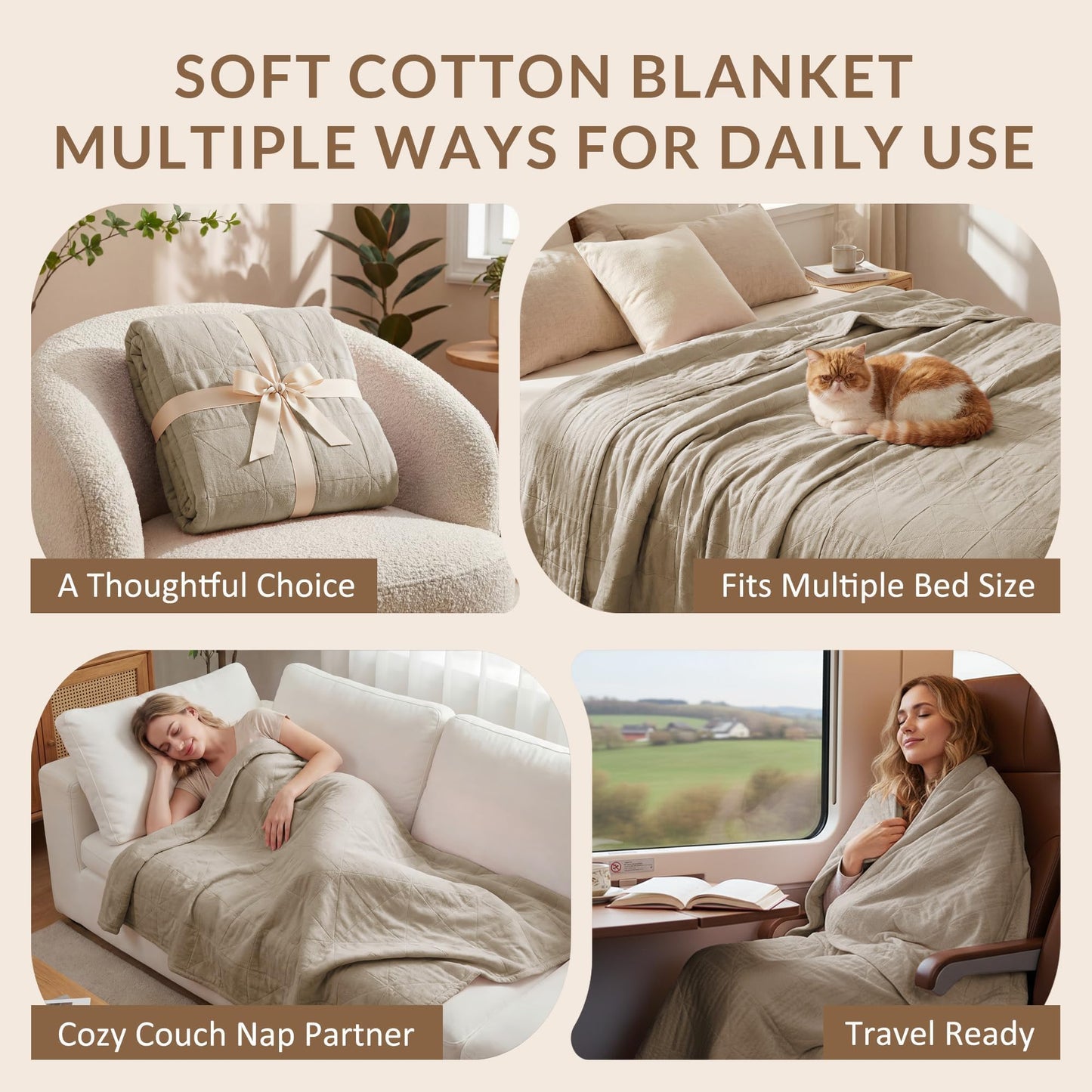 Exclusivo Mezcla 100% Cotton Muslin Blanket for Bed, Queen Size 4-Layer Moisture-Wicking and Breathable Ultra Soft Gauze Blanket for Spring Summer, 90"x90", Khaki