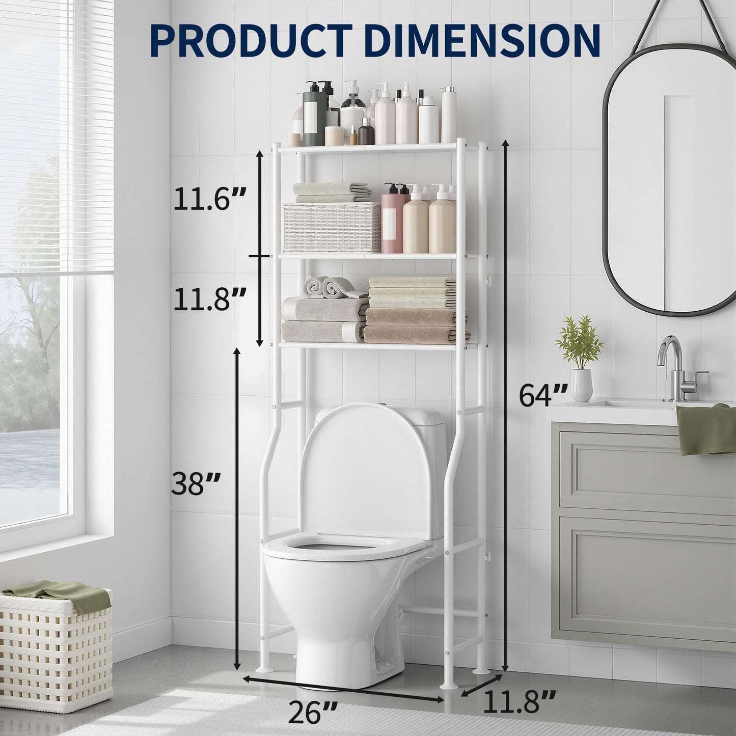 GloTika 3-Tier Over Toilet Storage Rack, Metal Over Toilet Bathroom Organizer Shelf, Freestanding Space Saver Storage Shelves for Bathroom/Laundry/Living Room (White)
