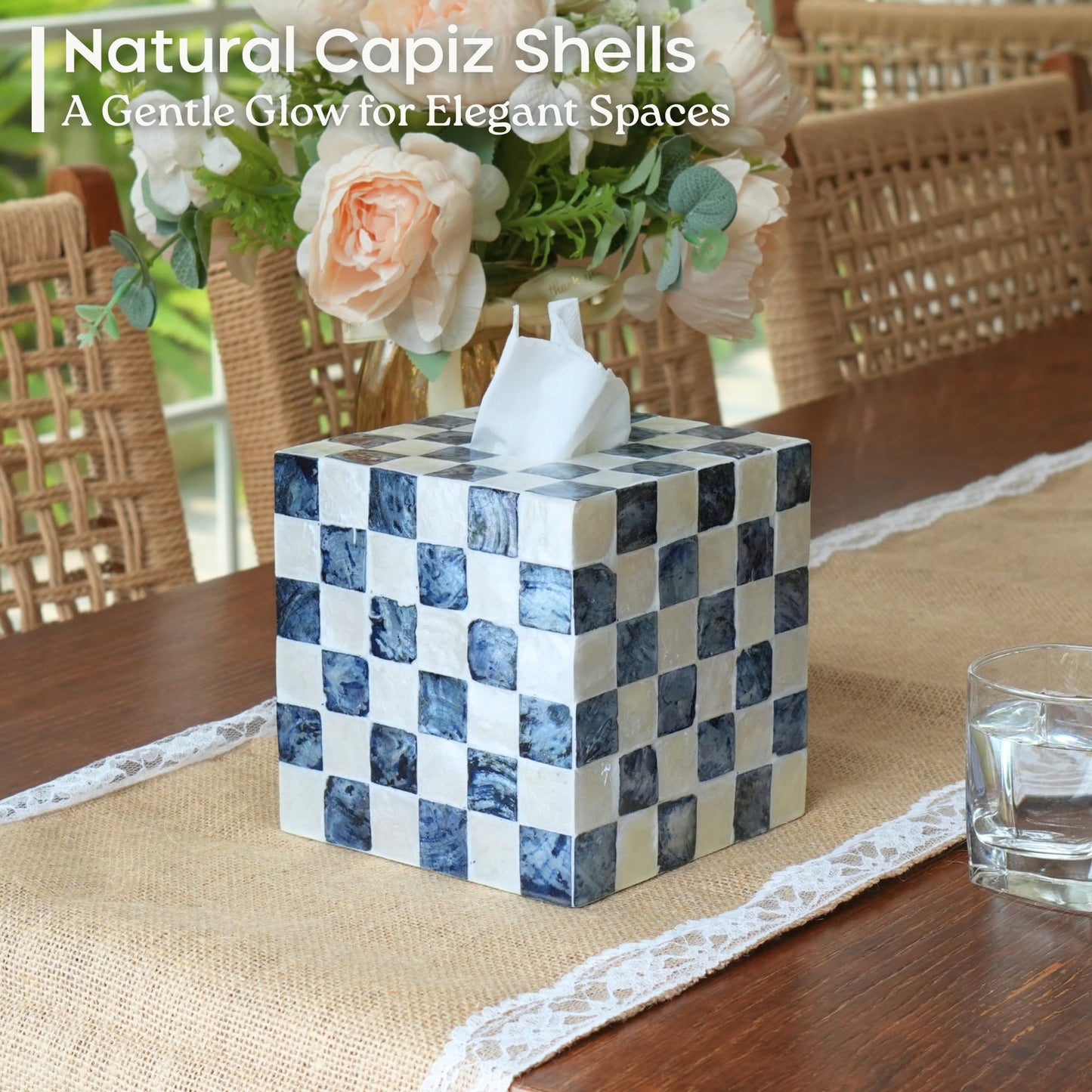 CHI AN HOME 5.7" Square Tissue Box Cover, Handmade Checkered Cube Tissue Box Cover with Capiz Shells, Decorative Mother of Pearl Tissue Holder for Living Room, Bathroom, Bedroom or Office (Navy Blue)