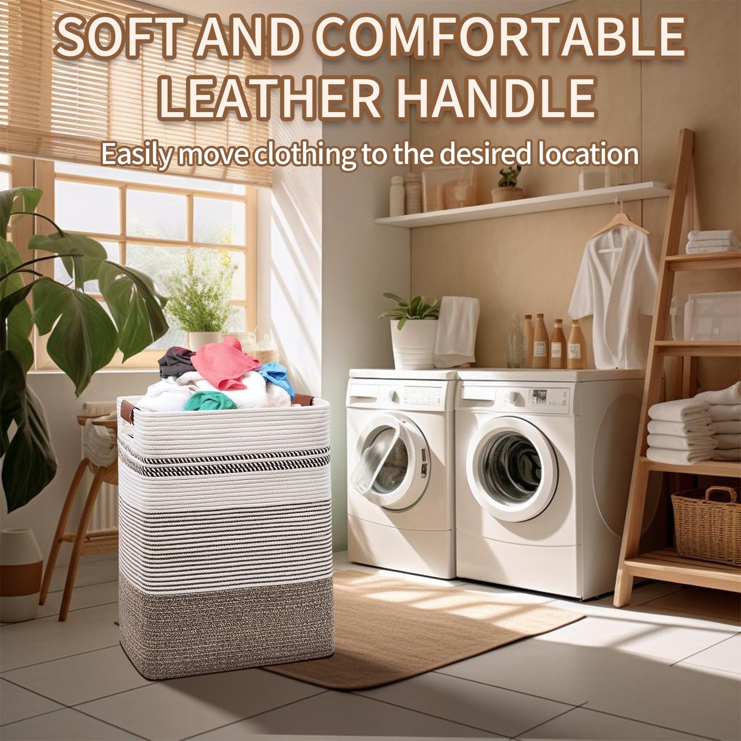 DOFASAYI Laundry Basket - 85L Large Cotton Rope Blanket Basket with Leather Handles, Decorative Storage Hamper, Clothes Hamper for Living Room, Bedroom, Rice Brown & White
