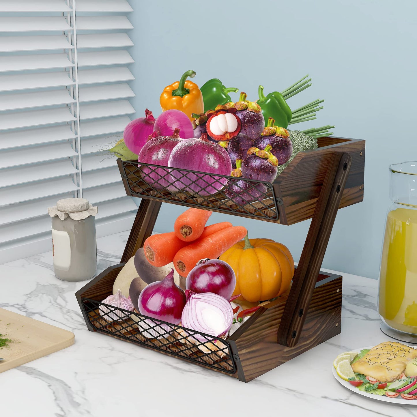 Dorhors Fruit Basket for Kitchen,Fruit Bowl,Kitchen Counter Organizer,Wooden Vegetable Holder for Countertop,Bread Storage Basket Stand(2 Tier)