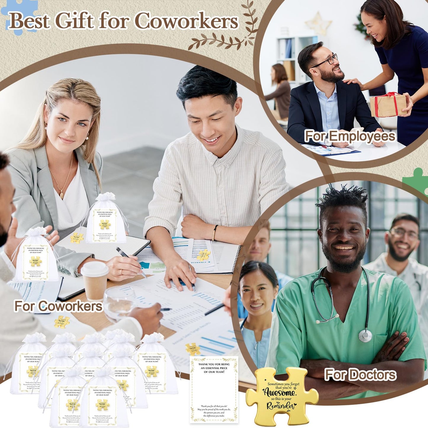 Solsew 72 Sets Employee Appreciation Gifts Bulk Puzzle Piece Lapel Pin Thank You Card and Organza Bag Building Recognition Soccer Baseball Team Gift for Employee Office Staff Coworker (Awesome)