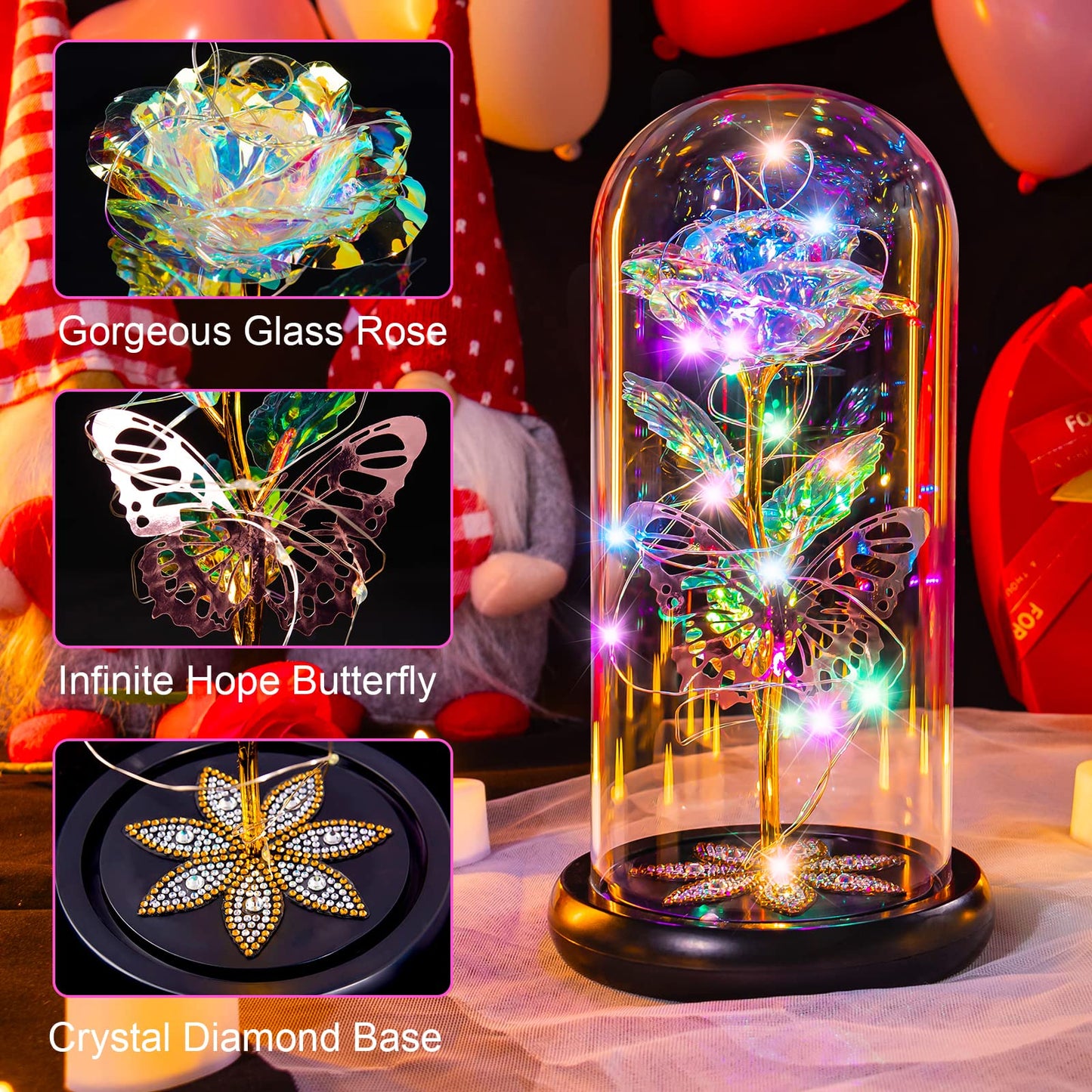 Mothers Day Flowers Gifts for Mom Women Birthday Gift, Galaxy Glass Rose Forever Eternal Crystal Rose in Glass Dome with Butterfly Mother's Day Roses Gifts for Mom Daughter Wife Women Grandma Colorful