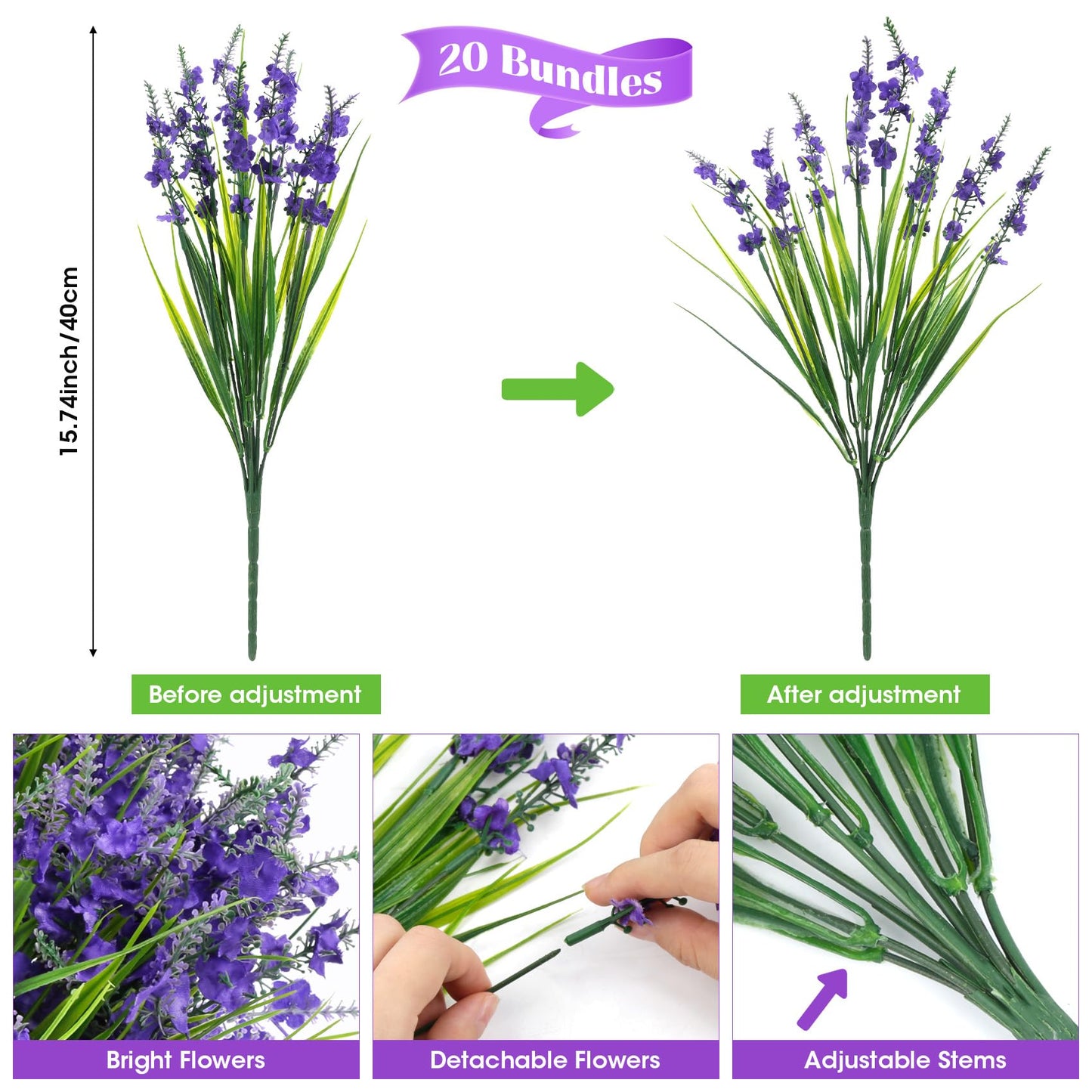 Besteek 20 Bundles Artificial Lavender Flowers for Outdoors Fake Silk Flowers Faux Plants UV Resistant for Indoor Outside Spring Porch Garden Window Table Box Office Home Decorations, Deep Purple
