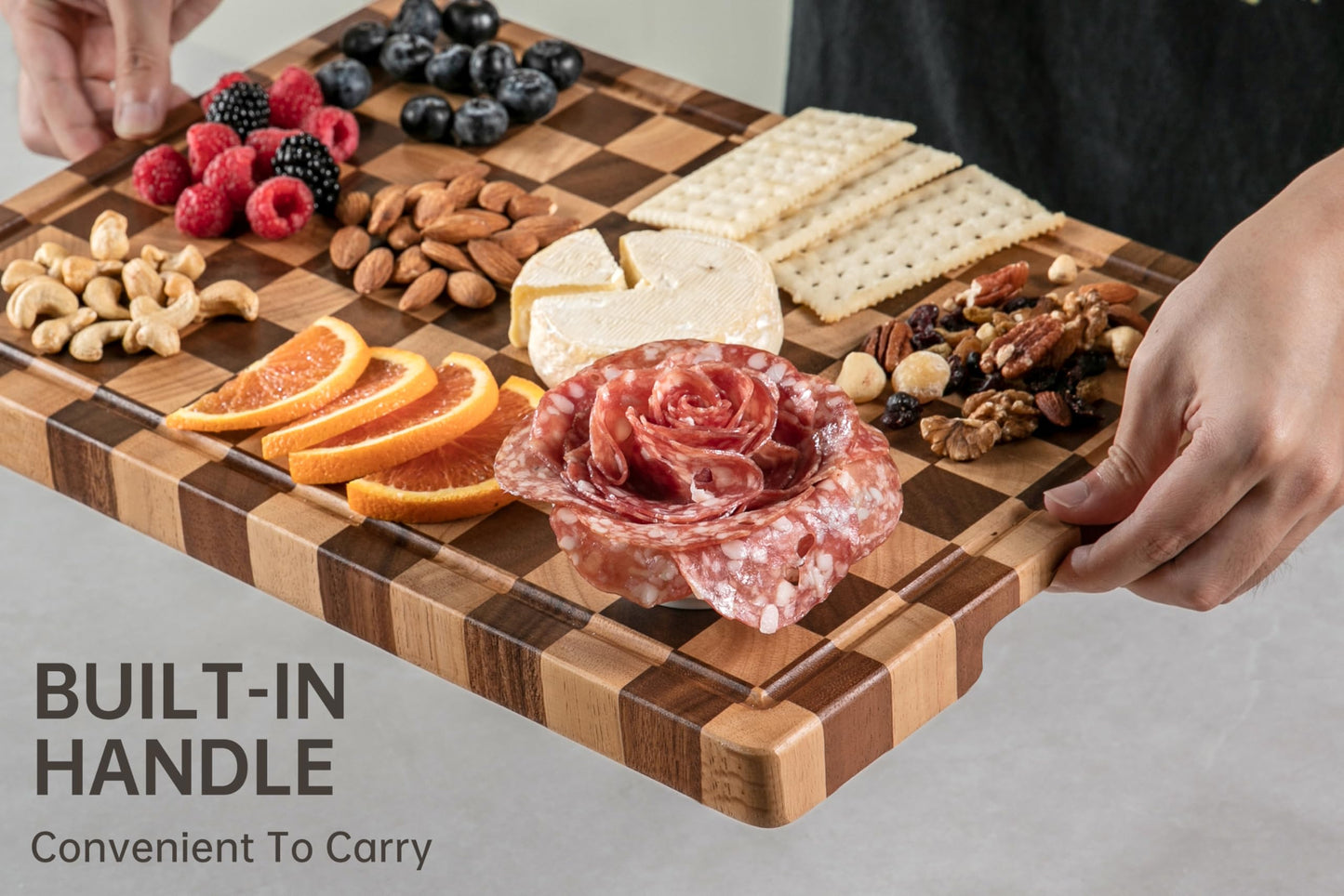 THETCHRY Cutting Boards for Kitchen, Checkered Cutting Board End Grain, Acacia Wooden Chopping Board with Juice Groove & Handle, Serving Tray for Meat, Bread & Fruit, 14"L x 11"W x 0.8"Th