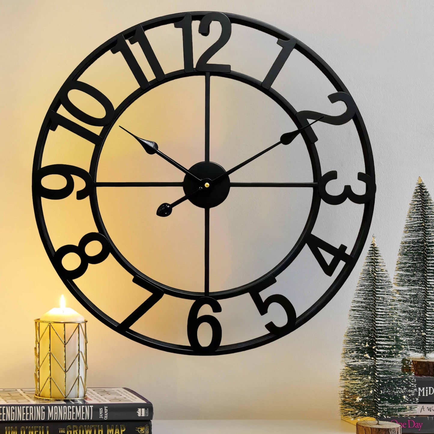CLXEAST 24 Inch Wall Clocks for Living Room Decor, Large Black Metal Wall Clock Battery Operated, Silent/Non Ticking, Regular Arabic Numeral
