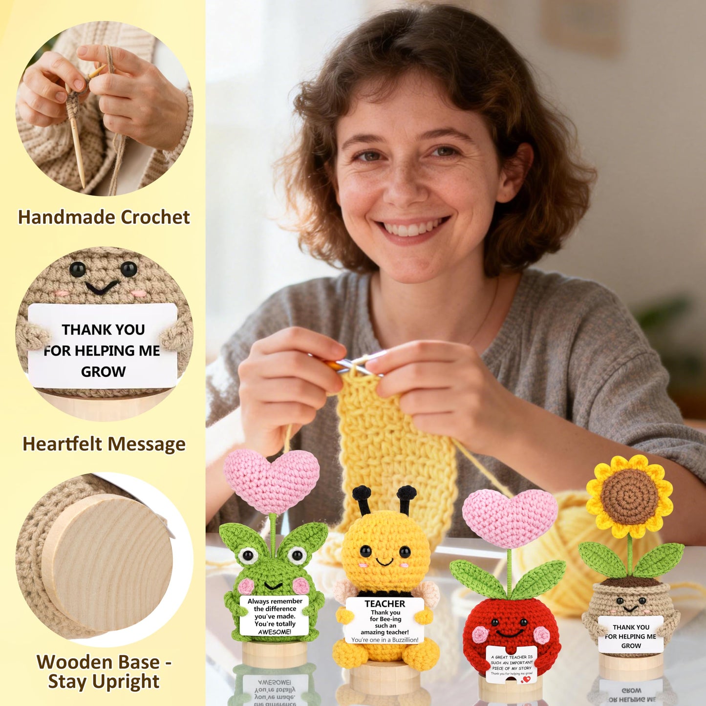 JoycuFF Teacher Appreciation Gifts in Bulk Positive Crochet Animals Teacher Gifts for Women Handmade Bee Frog Apple Sunflower Emotional Support Crochet Plants Gift for Teachers Coworker Friend Men
