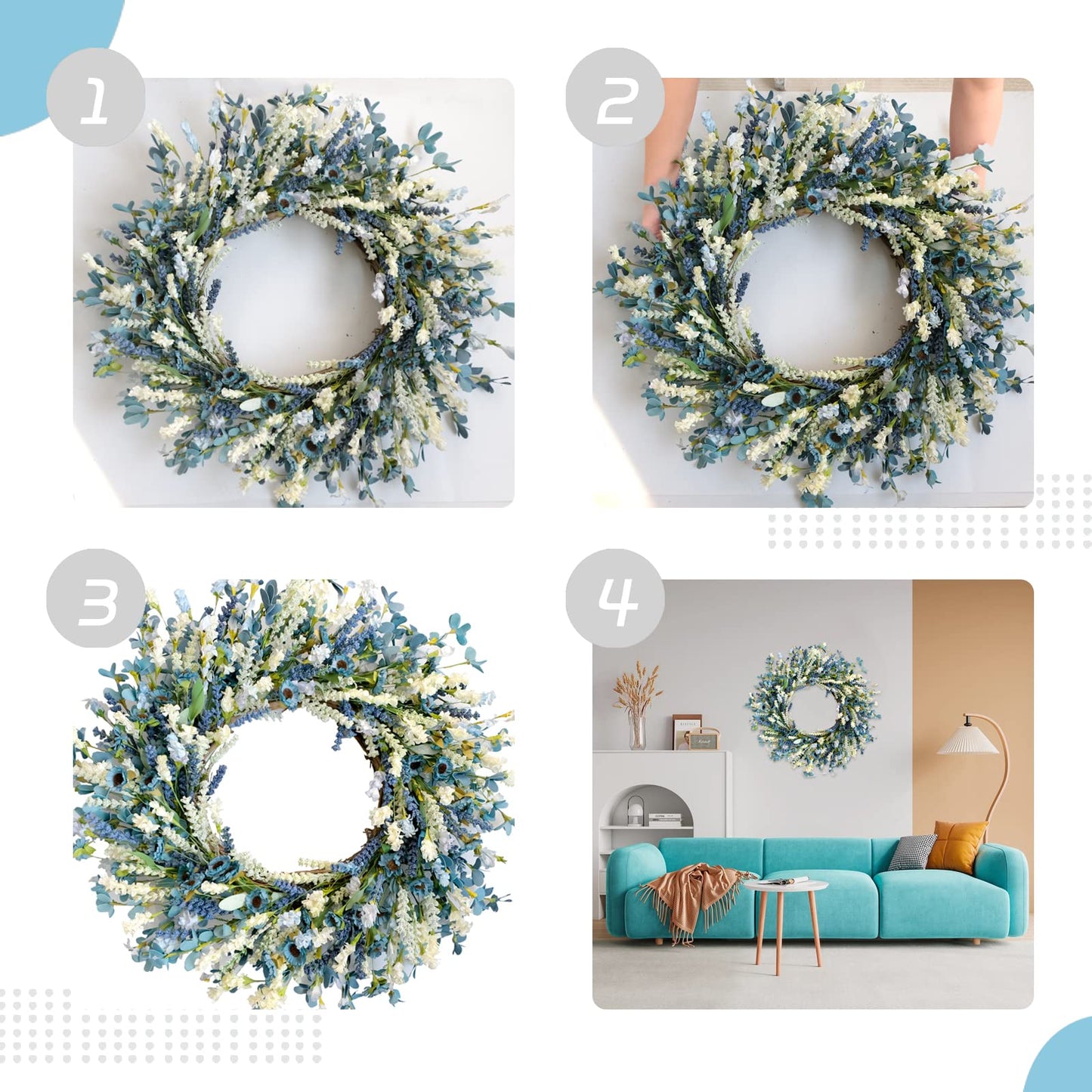Egolot 26 Inch Summer Spring Blue Ivory Lavender Flower Wreath for Front Door, Rustic and Farmhouse Wild Flowers Wreath for Inside and Outside, Coastal Blue Home Decorating