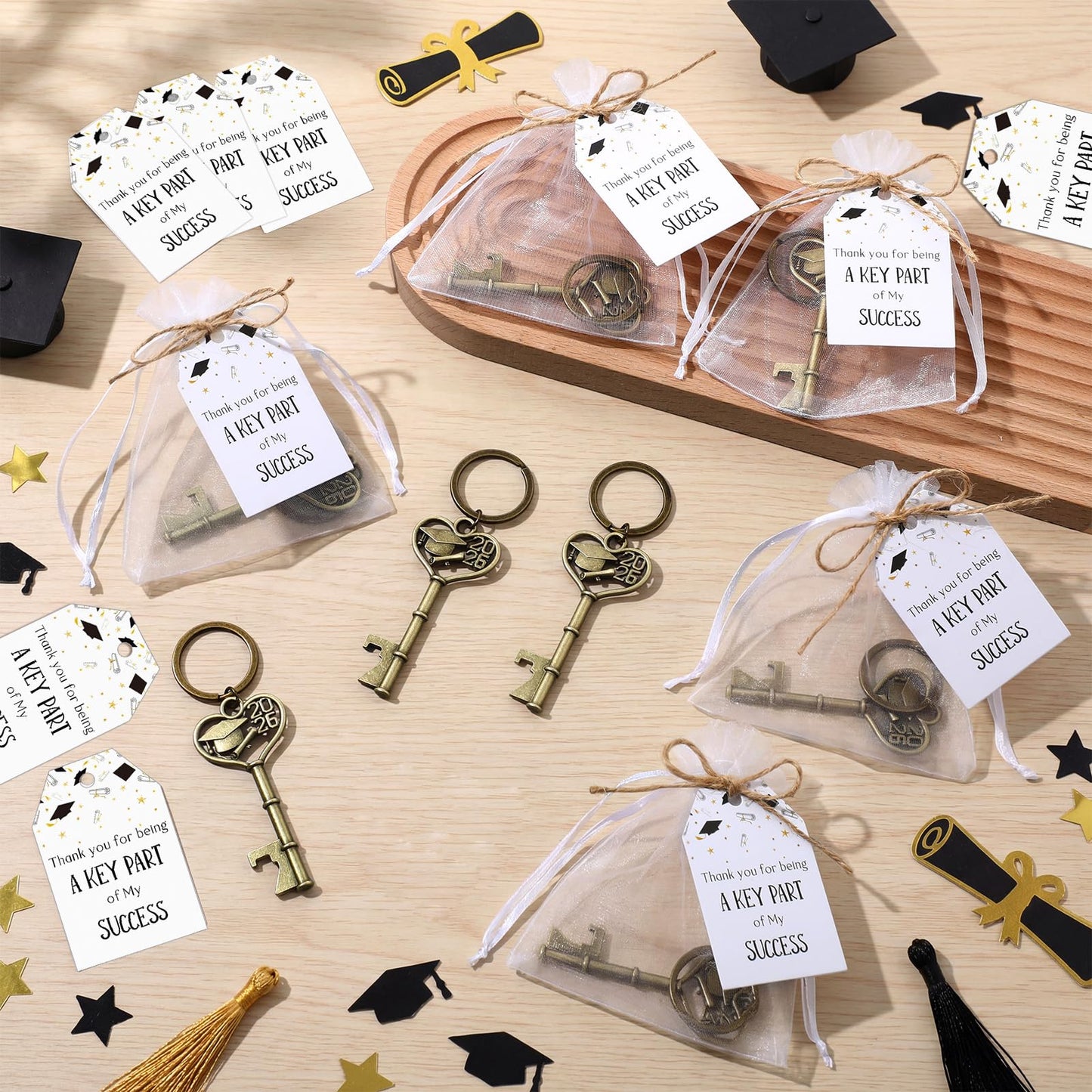 Misdary 25 Sets Graduation Party Favor for Guest 2026 Graduation Cap Bottle Opener Keychains with Thank You Card Organza Bags Class of 2026 College Celebration Party Supplies (Bronze)