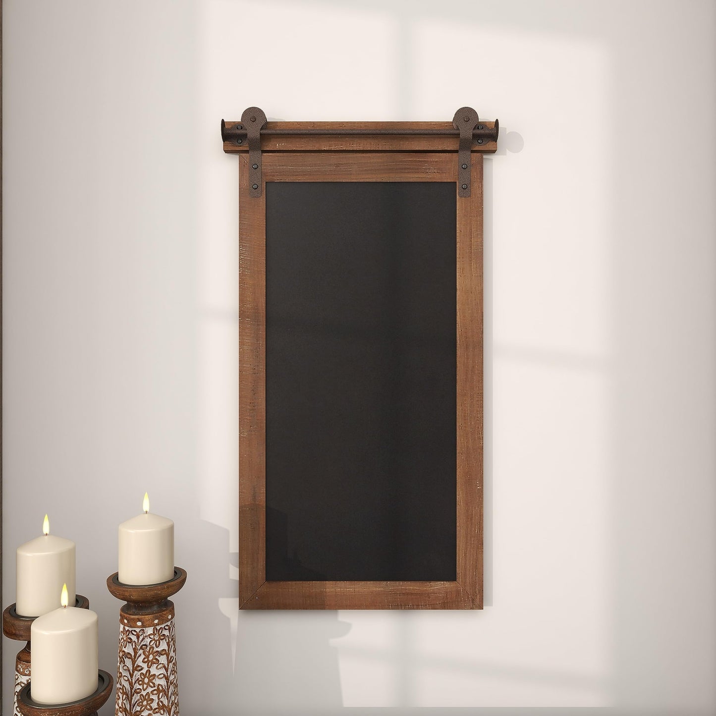 Deco 79 Wood Sign Home Wall Decor Chalkboard Wall Sculpture with Barn Door Inspired Top, Wall Art 16" x 2" x 28", Brown