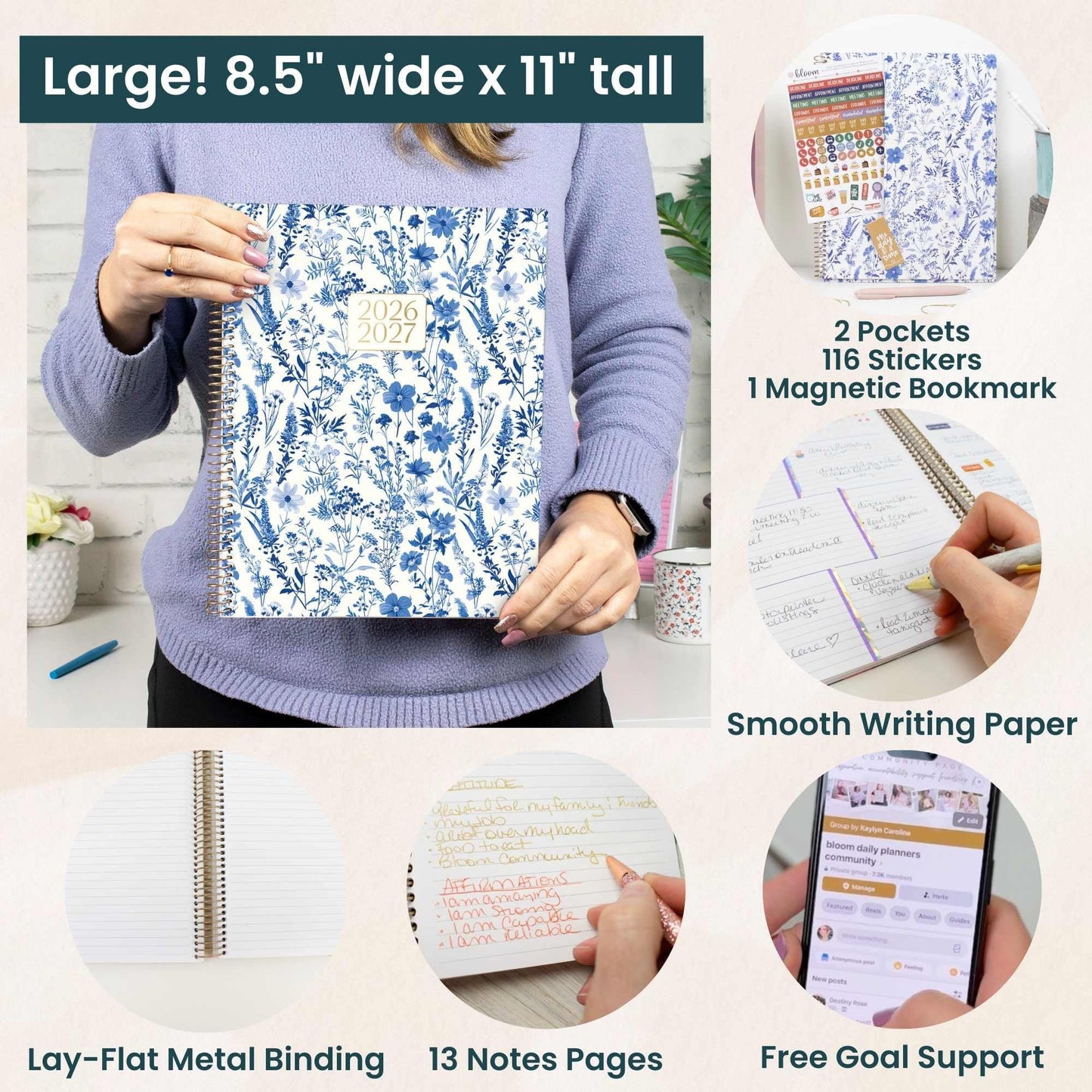 bloom daily planners 2026-2027 Planner (8.5” x 11") 13 Month Academic Organizer (July 2026 - July 2027) - Weekly & Monthly Agenda Book with Stickers & Tabs - Blue & White Floral