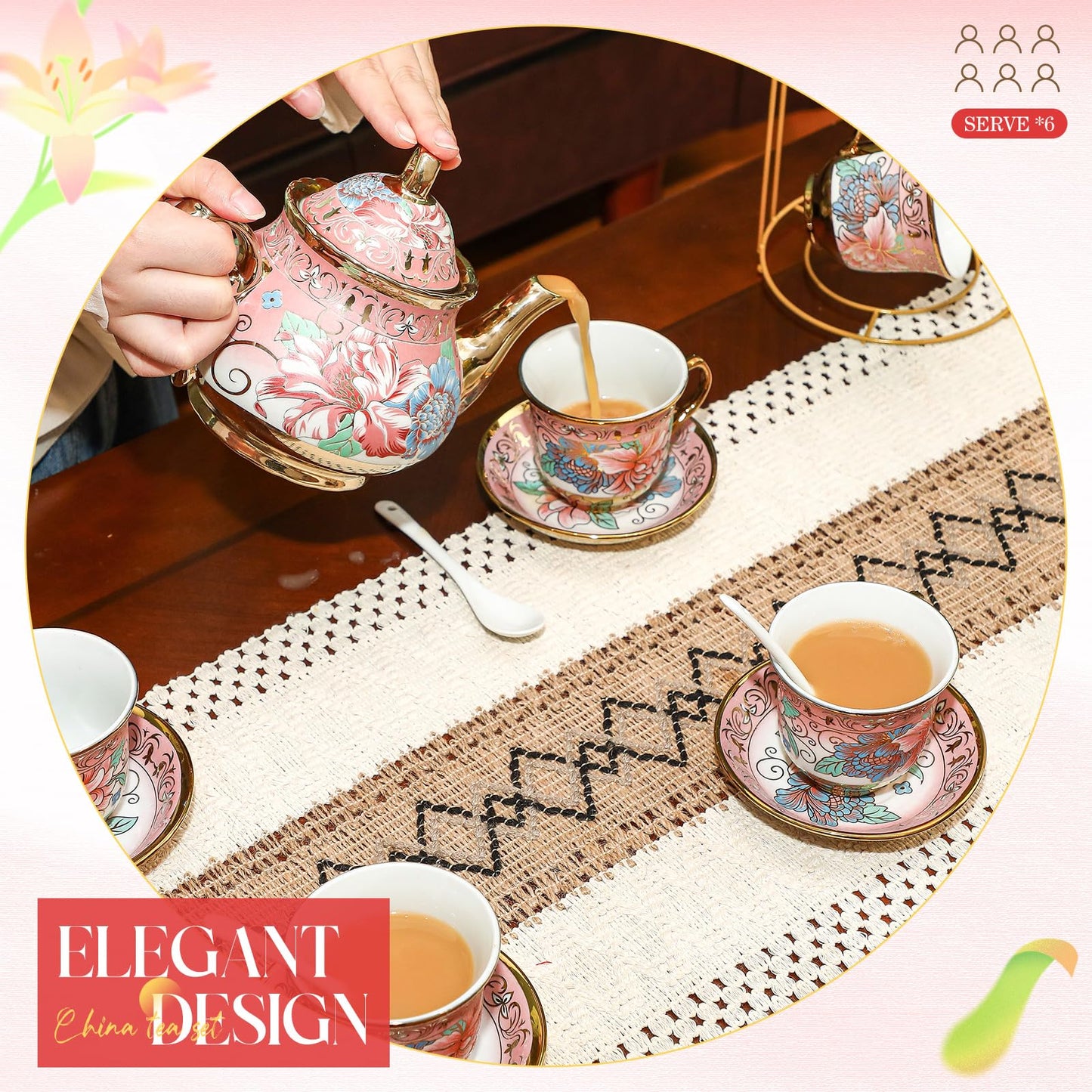 Gandeer 20 Pcs Porcelain Tea Set for Adults with Metal Holder and Spoon European Ceramic Tea Party Set Flower Painting Teapot Cup Saucer for Women Gift, Serving 6 People(Fresh)
