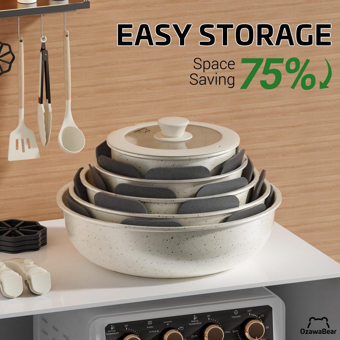 OzawaBear 23 Pcs Pots and Pans Set Non Stick, Ceramic Cookware Set Non Toxic with Detachable Handles, Healthy Induction Cookware Oven Safe RV Kitchen Set, PFAS PFOA & PTFE Free, Cream White