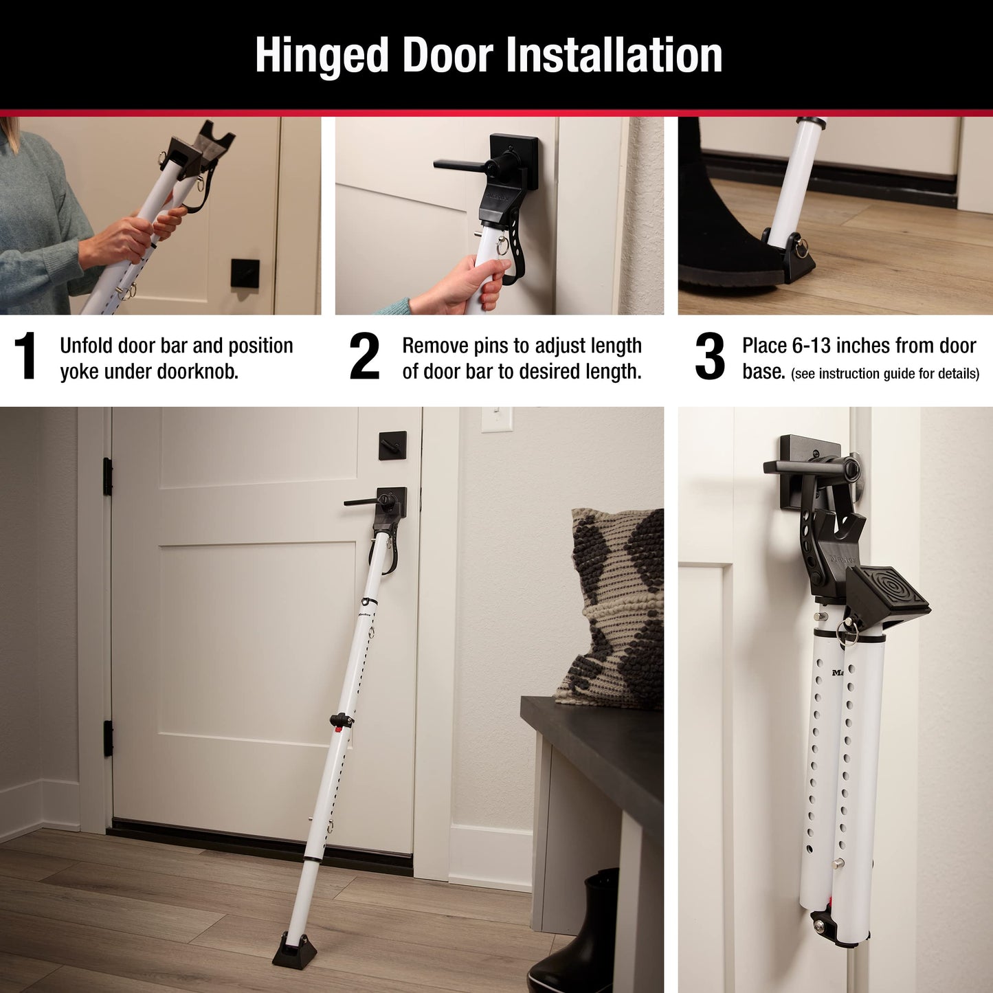 Master Lock White Compact Door Stopper Folding Security Bar, Adjustable from 25-1/2 to 43-1/2 Inches Long for Hinged and Sliding Doors, Door Barricade, Pack of 2, 270EC2