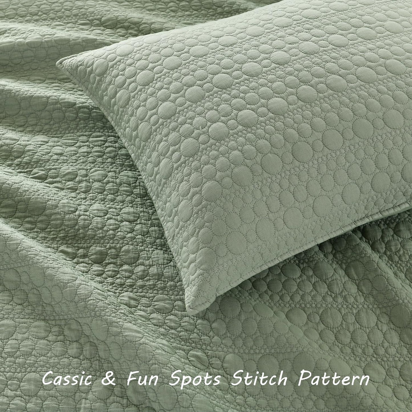 HORIMOTE HOME Quilt Set Queen Size Sage Green, Classic Geometric Spots Stitched Pattern, Pre-Washed Microfiber Chic Rustic Look, Ultra Soft Lightweight Quilted Bedspread for All Season, 3 Pieces