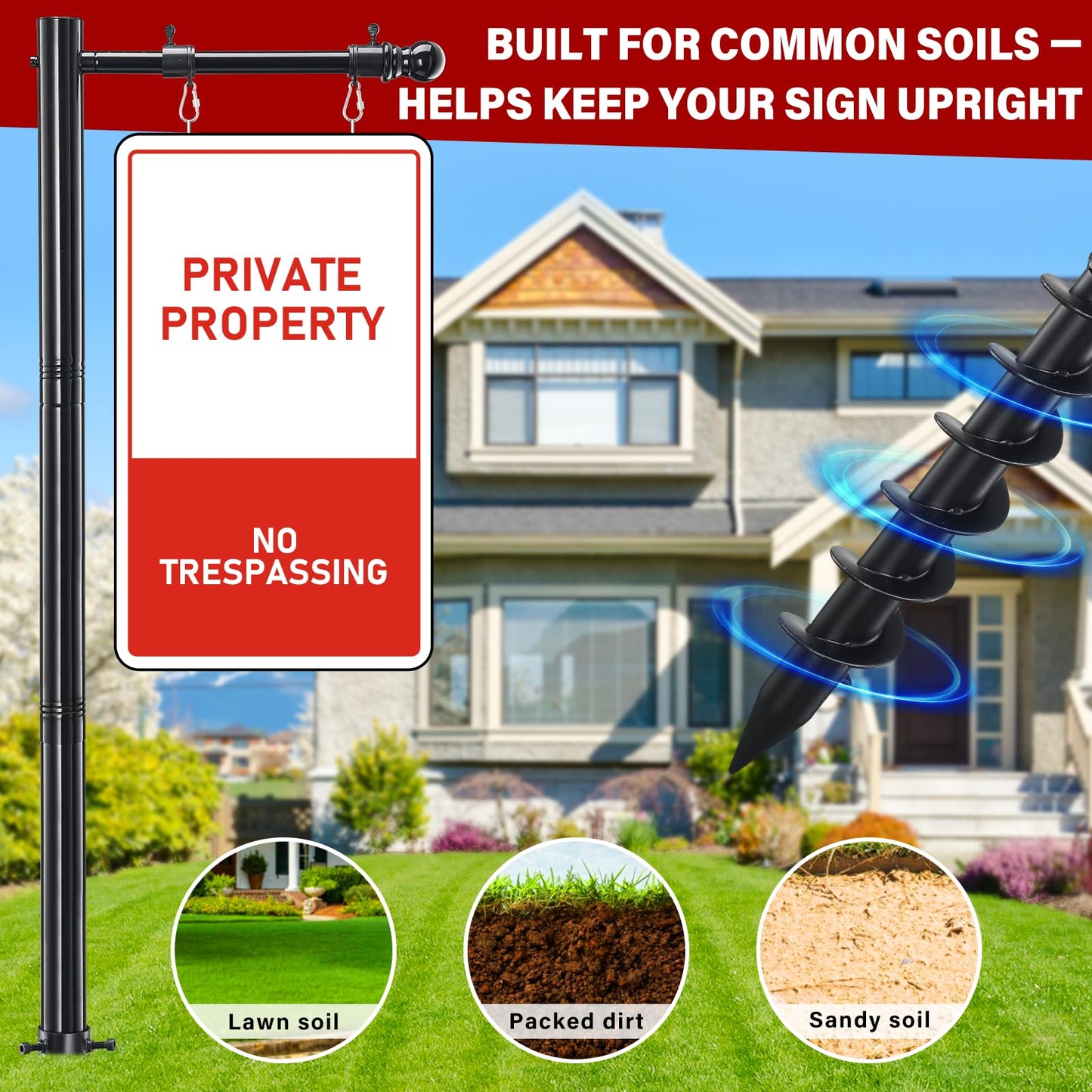 Real Estate Sign Post For Outside - Heavy Duty Metal Yard Sign Stand Pole with Anti-Tip Anchor,7ft Adjustable,Wind-Responsive Clips, Fits 18"X24" To 26" Frame For Sale,Address,Open House-Black