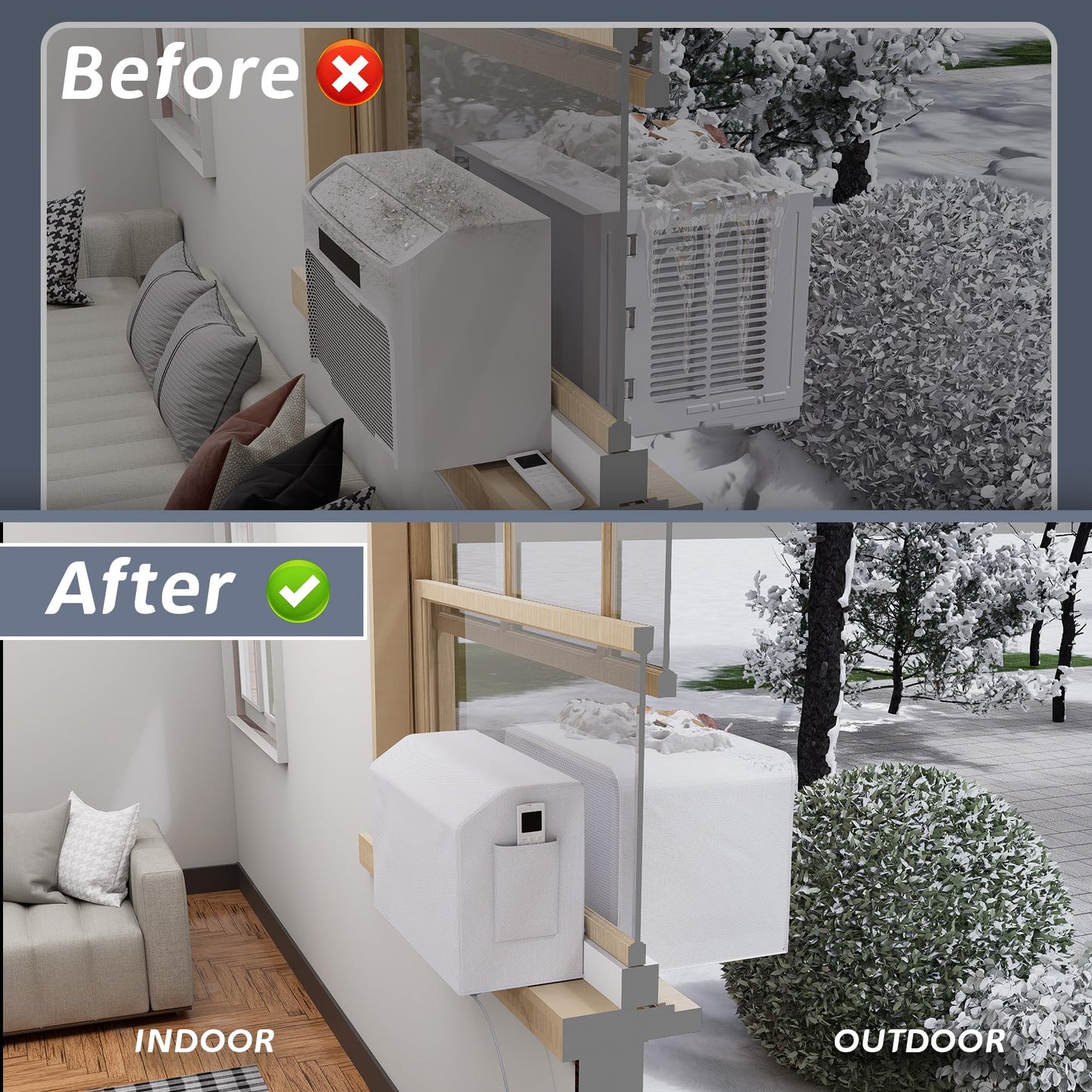 Flamorrow Outdoor Air Conditioner Cover and Indoor Air Conditioner Cover with Bag for U-Shaped Window AC Unit, Dustproof & Windproof Window AC Covers for Outside & Inside Unit Full Coverage Protection