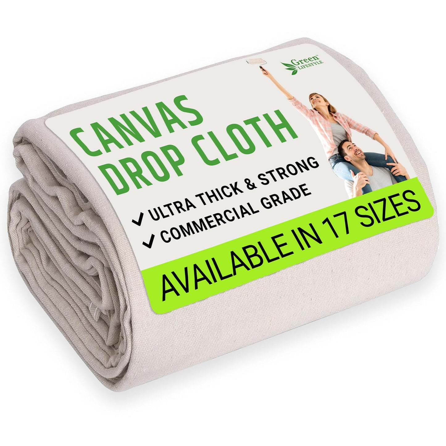 GREEN LIFESTYLE All Purpose Canvas Drop Cloths - Drop Cloth for Painting, Floor Cover, Heavy Duty Protection for Furniture & Surfaces, Reusable Painters Canvas Tarp for Renovation & Home (12x15)