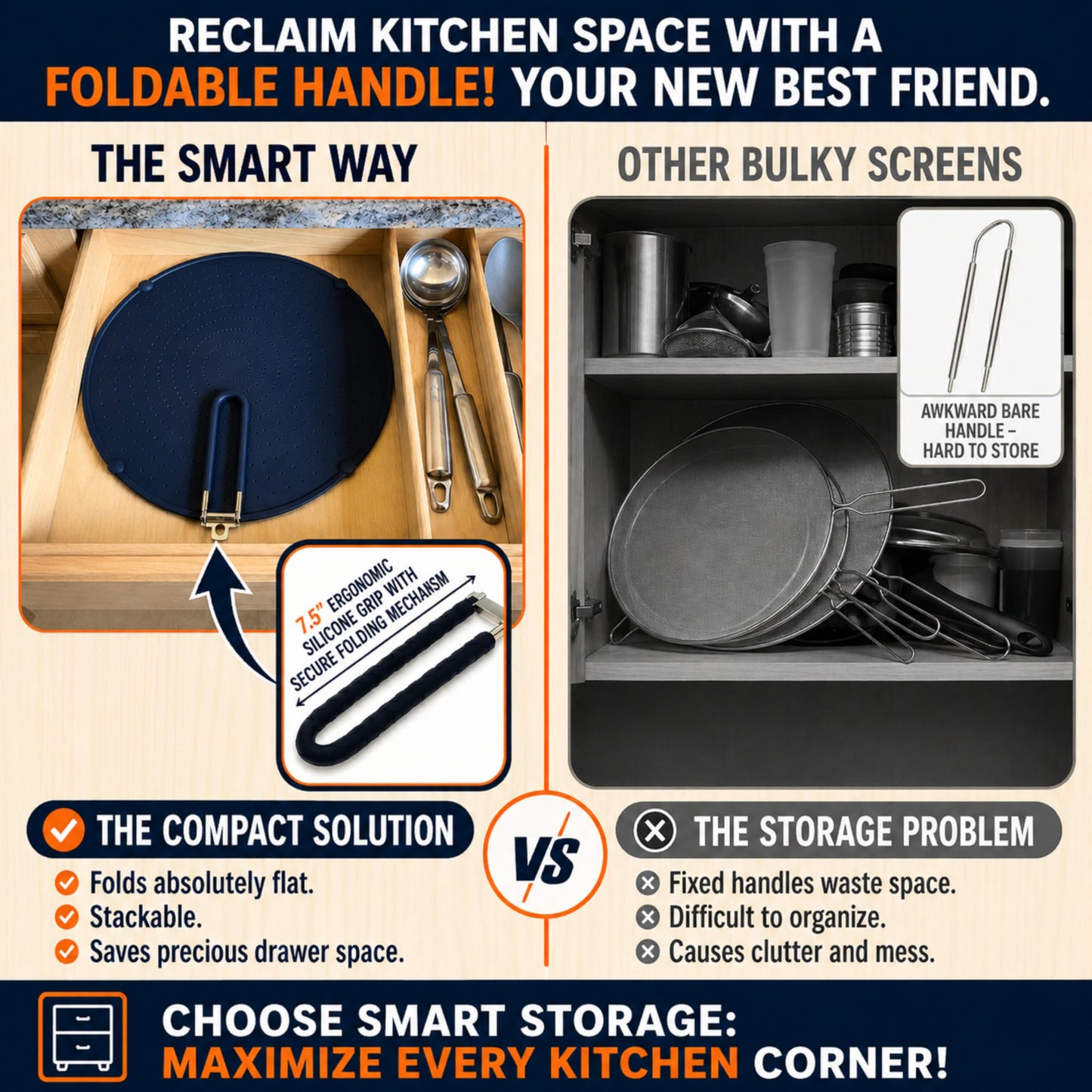 Silicone Splatter Screen for Frying Pan, 13” Navy – Grease & Oil Splatter Guard, Heat Resistant, Dishwasher Safe, Foldable Handle with Sleeves – Splash Guard Fits 10–12” Pans, Most 13” Skillets