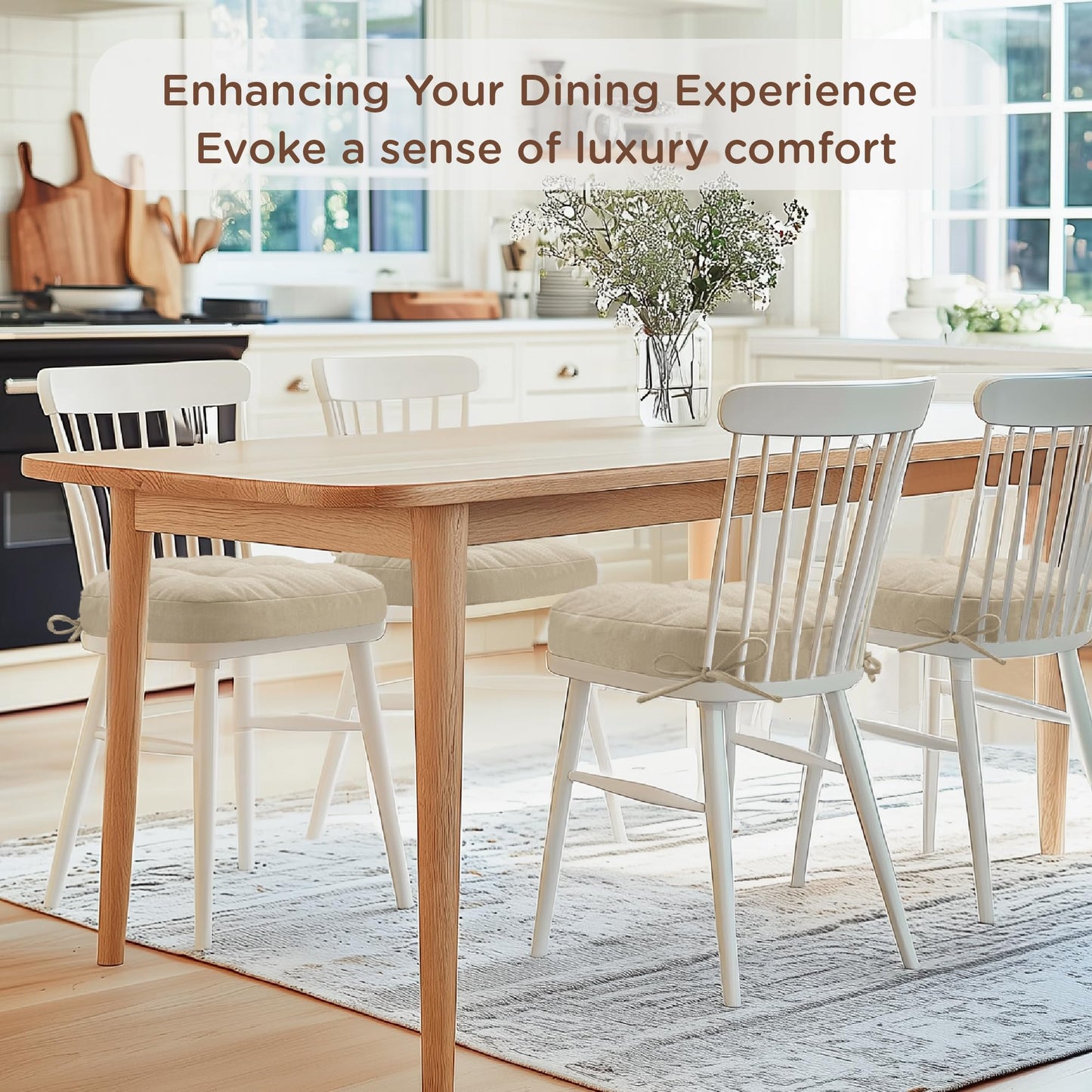 Codi Dining Chair Cushions 4 Pack, Thick Chairs Pads for Indoor Kitchen Room - Washable, Non-Slip Memory Foam Seat Cushion with Ties, 16.5"x16.5"x 3.5", Set of 4, Beige New