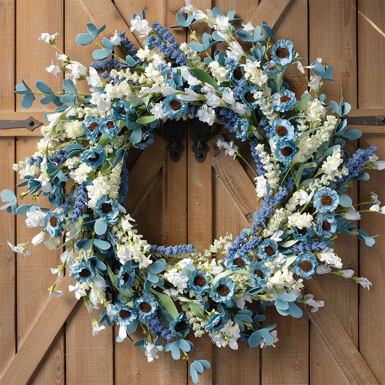 Bibelot 22 Inch Spring Wreath Blue with Green Leaves Wreaths Blue Daisy Artificial Grains White Flower Wreath for Front Door Wreaths, Summer Farmhouse Decor Indoor&Outdoor Wedding Wall Home