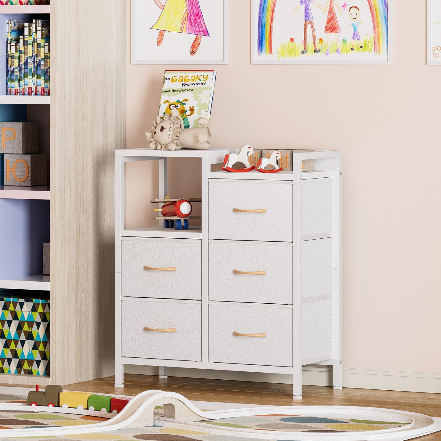 Furnulem 5 Drawer White Dressers for Bedroom 2 Tier Shelf Storage Small Fabric Dresser for Closet Sturdy Metal Frame Modern Style Storage Cabinets Organization Units for Hallway Rooms
