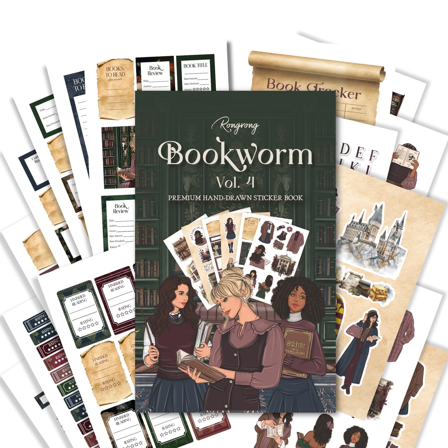 Rongrong Bookworm 4 Sticker Book for Planners, Calendars and Journals – Premium Quality Hand Drawn Perfect for Book Lovers – Scrapbook Accessories – 24 Pages