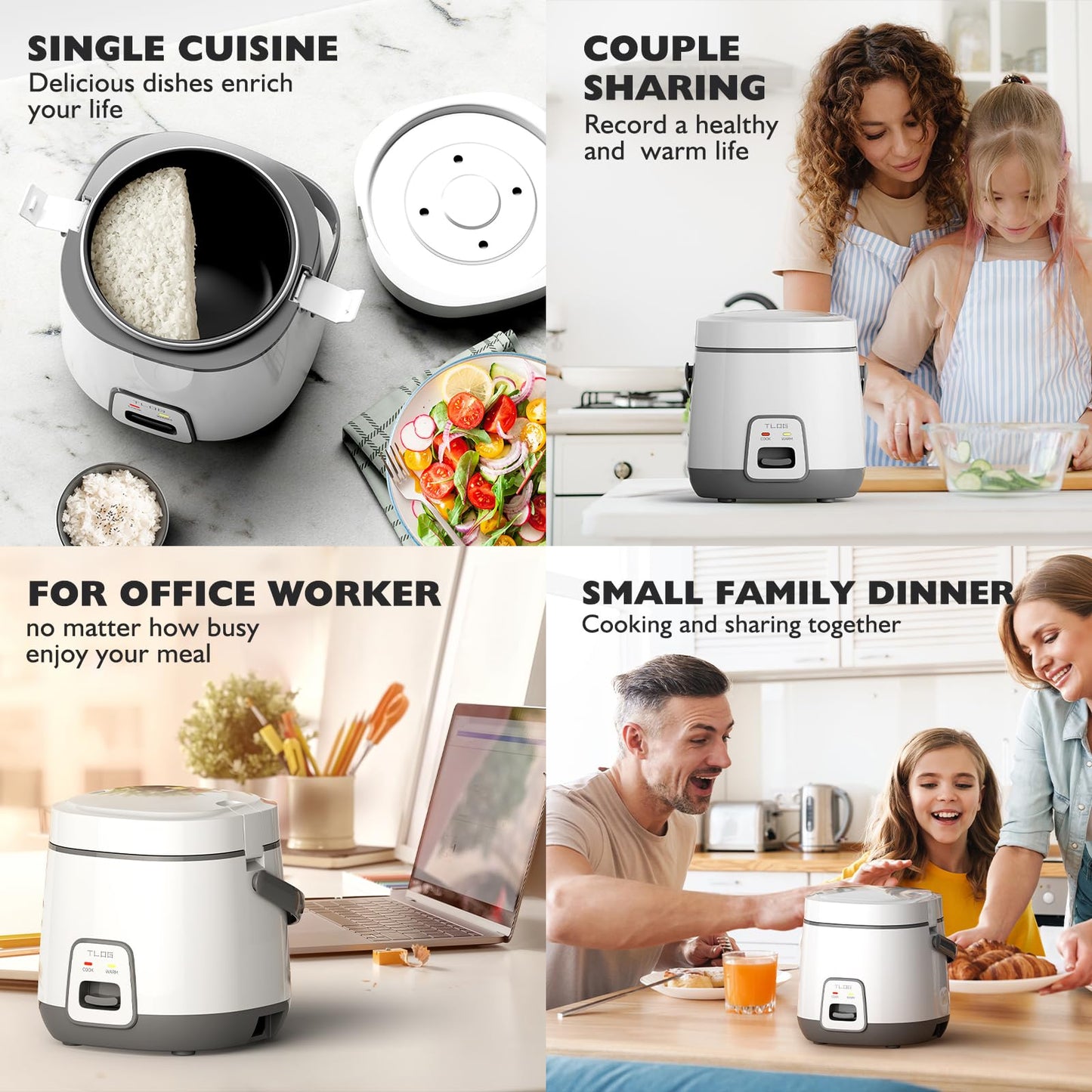 TLOG Mini Rice Cooker 2-Cup Uncooked(4-Cup cooked), Healthy Non-stick Coating 1.2L Small Rice Maker for 1-3 People, Portable Travel Fast Cooker with Steam Tray, Rice Maker for Grains, White Rice, Oatmeal, Veggies