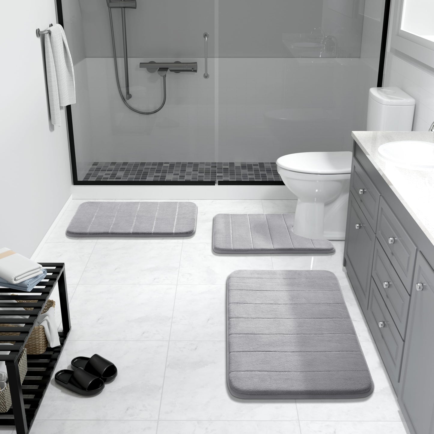 Yimobra Memory Foam Bath Mat Set 3 Pieces- Super Soft Absorbent Quick Dry Bathroom Rug Sets, Machine Washable Non Slip Floor Carpet for Tub Shower, Vanity & Toilet Base, Gray