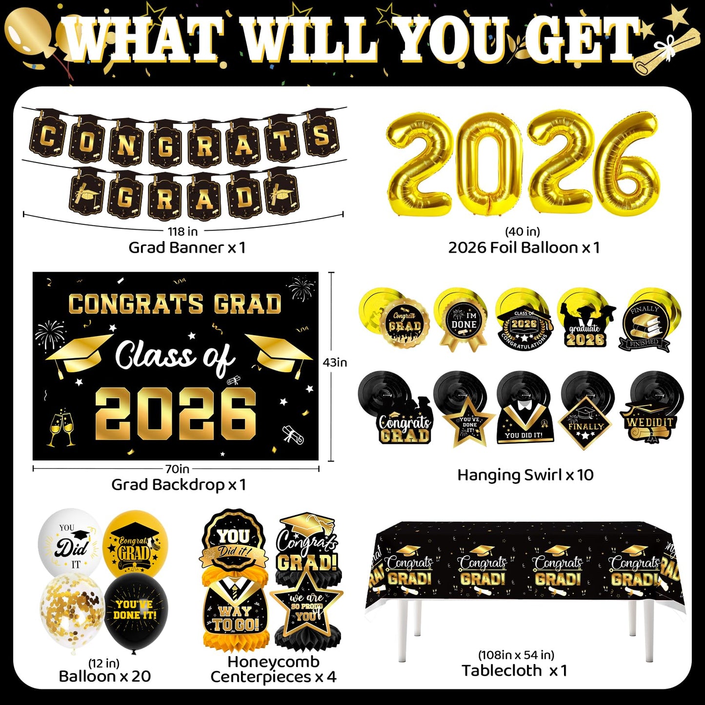 DMIGHT Graduation Decorations 2026, Class of 2026 Backdrop, Banner, 2026 Foil Balloons, Tablecloth, Hanging Swirls, Honeycomb Centerpieces, Party Supplies Decorations Set for College (Black ang GOLD)