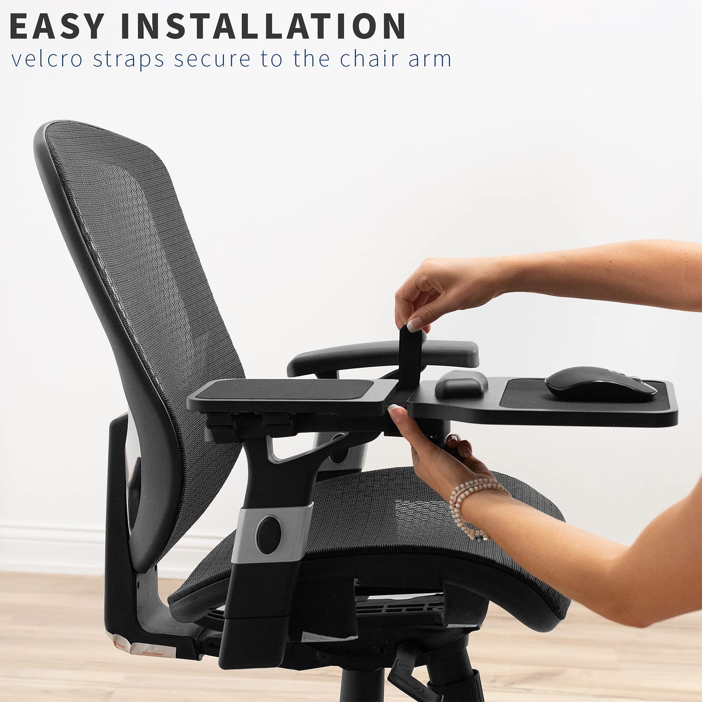 VIVO Wood Arm Rest Mouse Pad with Wrist Cushion, Adjustable Length Support Platform Tray, Chair Attachment Extension with Straps, Black, MOUNT-MS02D