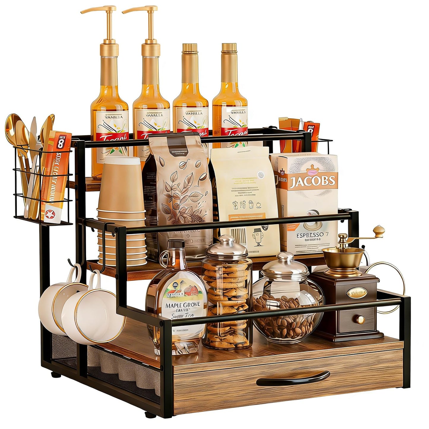 Countertop Coffee Syrup Rack Organizer, 4-Tier Wooden Holder Stand with 36 K Cup Storage Drawer for Coffee Bar Accessories,Condiment Storage Shelves for Kitchen,Home,Office,Restaurant