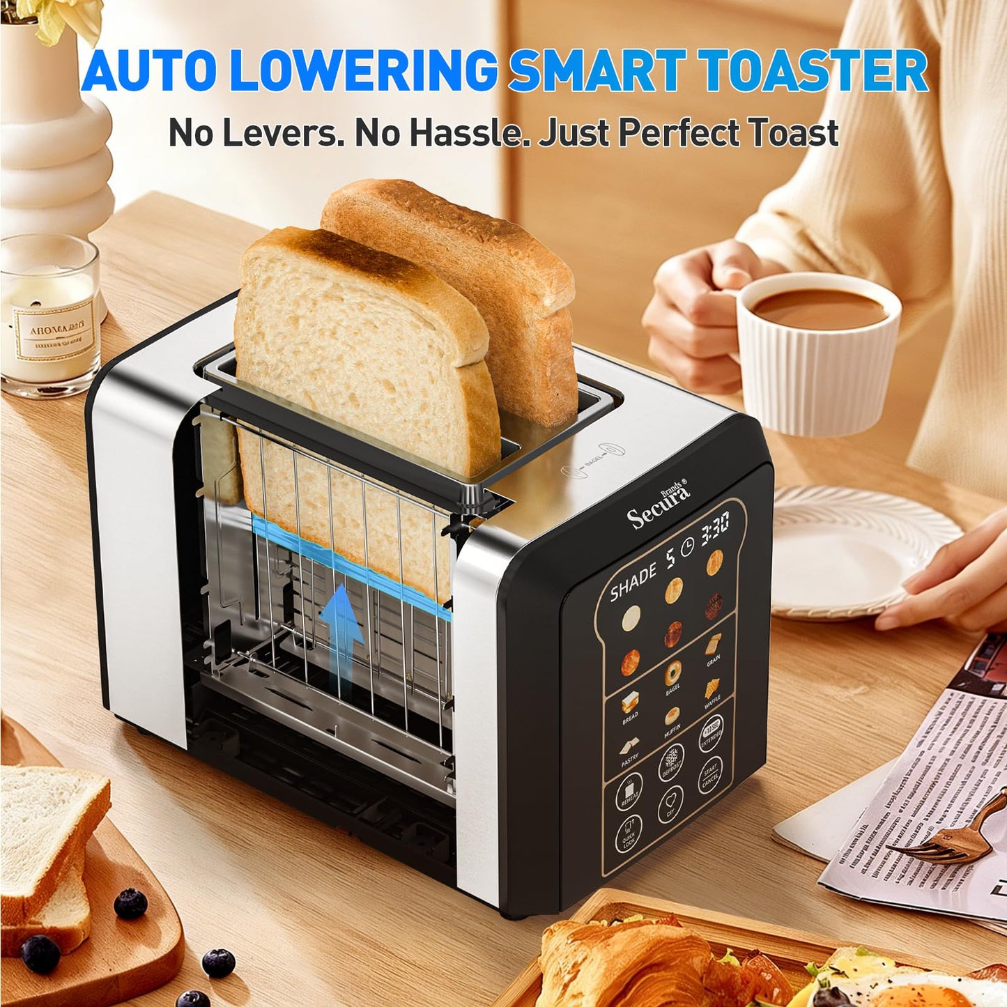 Secura Brands 2 Slice Toaster Automatic, No Lever Stainless Steel Wide Slot Touch Screen Smart Toaster with Digital Timer, +10s Extend, Custom Memory Settings for Home, RV