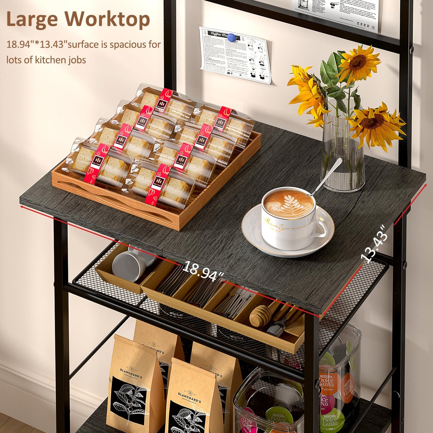 5 Tier Coffee Bar Station, Kitchen Stand with 4 S-Shaped Hooks, Farmhouse Corner Coffee Bar for Small Spaces, Bakers Rack for Kitchen, Entryway, Living Room, 13.43"D x 18.93"W x 53.31"H,Gray