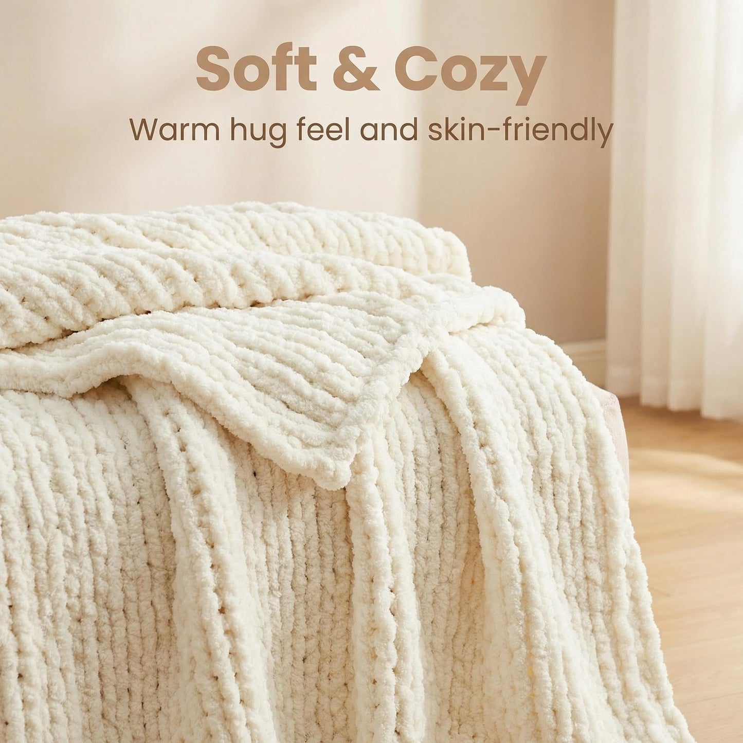 Amélie Home Chunky Knit Throw Blanket for Couch, Soft Chenille Handmade Crochet Throw Rope Knot Blanket for Children, 40"x50", Ivory